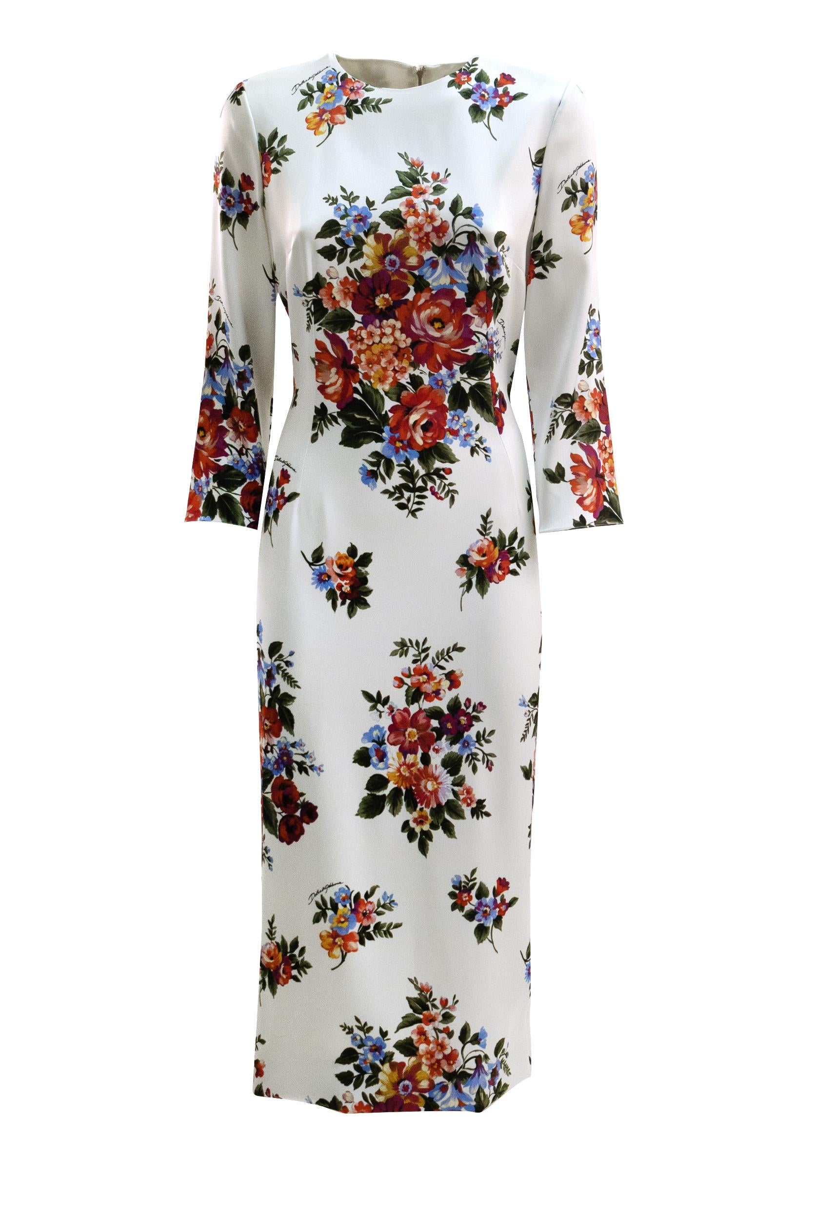 Abito tubino in raso di colore bianco con stampa mazzo di fiori multicolore<BR/> F612VT FSICE HA5ZO DOLCE & GABBANA