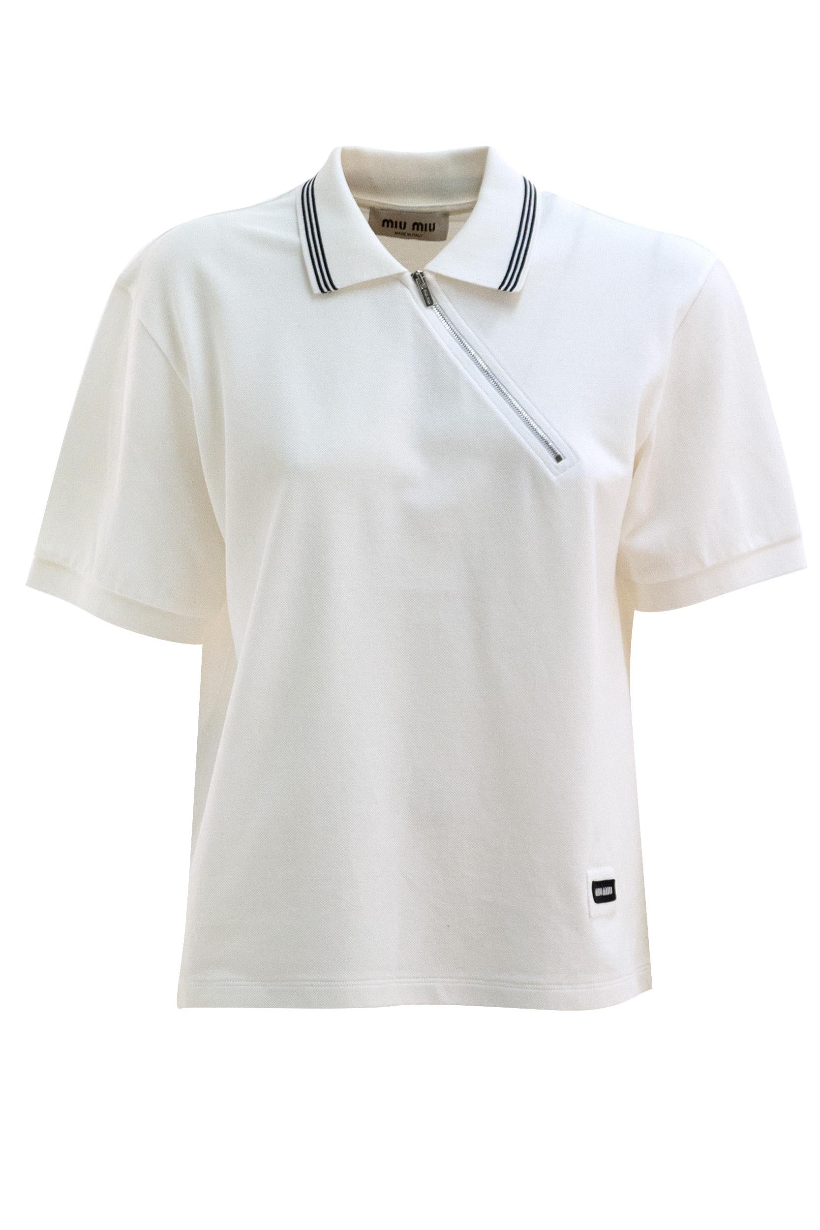 Polo in piquet di cotone di colore bianco <BR/> MJNA03 S OOO 18ZW F0009 MIU MIU