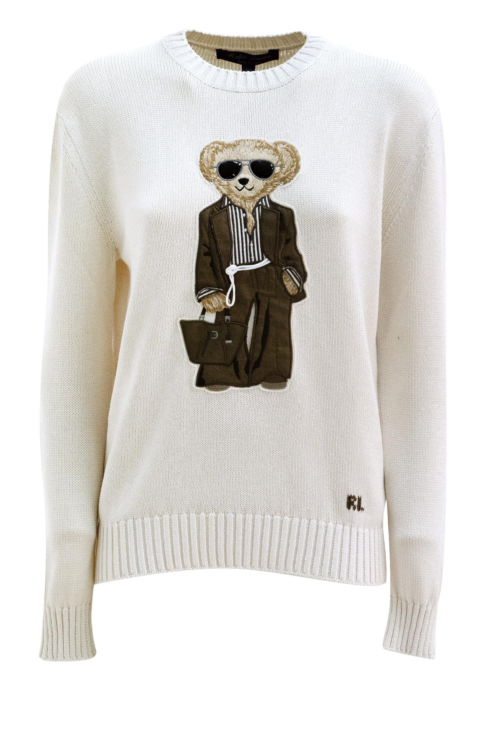 Pullover Polo Bear in seta color avorio<BR/> 290P18160001 LUX CREAM RALPH LAUREN