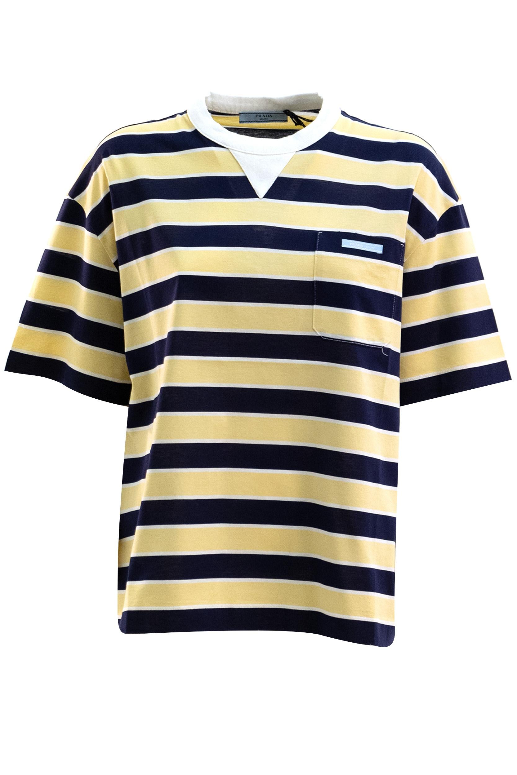 T-shirt in filo scozia a righe di colore giallo e blu<BR/> 39610 S OOO 189P F065G PRADA