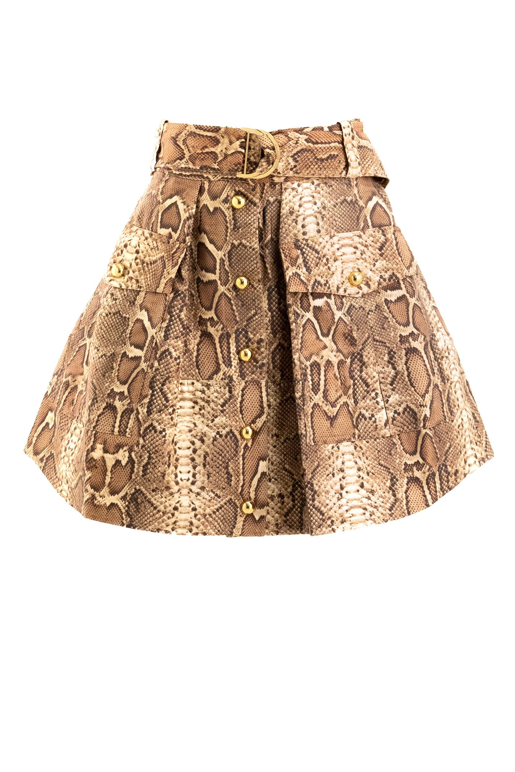 Minigonna Utility con Stampa Pitonata Seta Cotone Marrone<BR/> 5242SF251 TOFFE SNAKE ZIMMERMANN