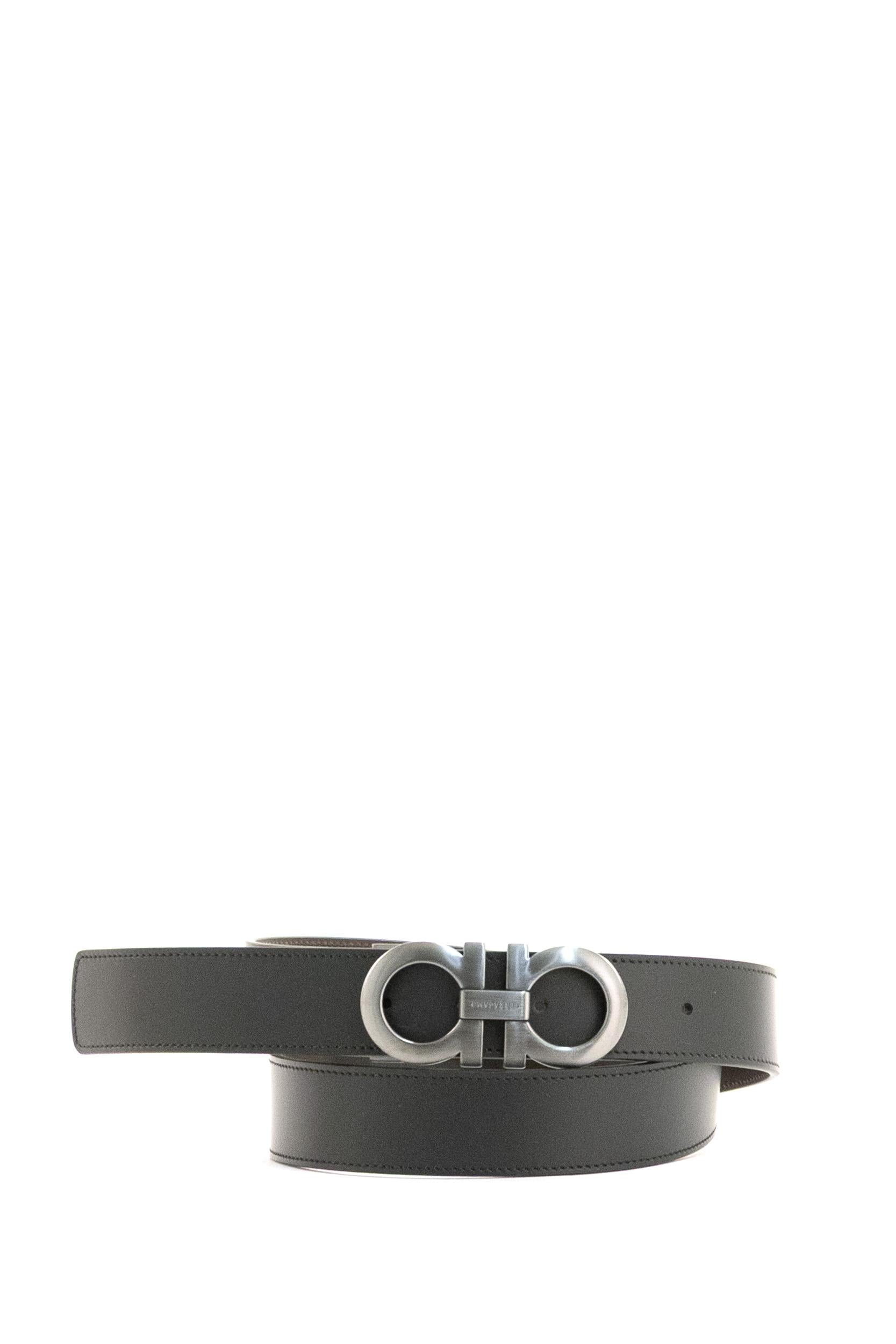 Cintura Reversibile Gancini in Pelle<BR/> 675542 0464231 NERO FERRAGAMO