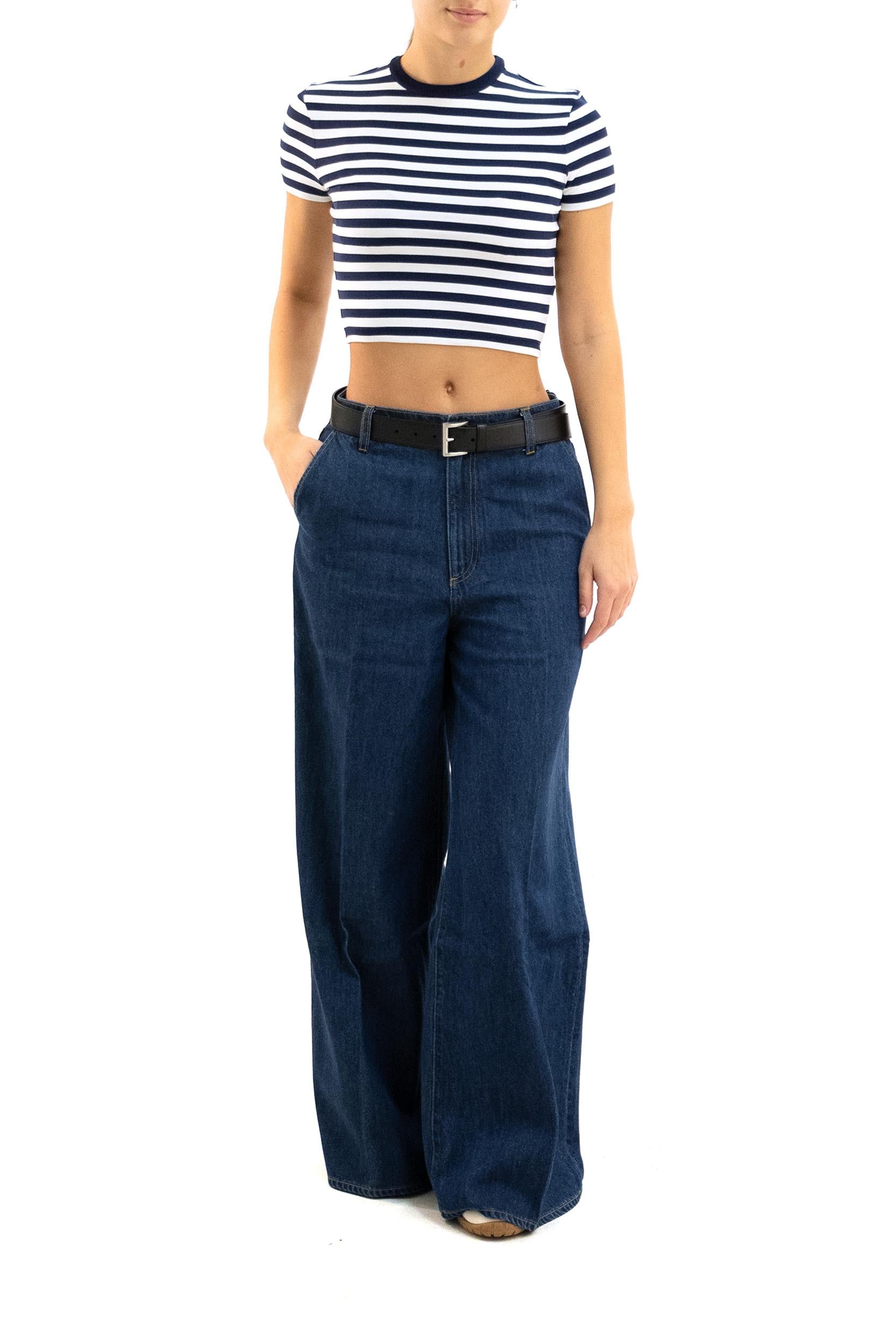 T-shirt a Righe Crop in Cotone Blu/Bianco<BR/> 290P09830001 CREAM RALPH LAUREN