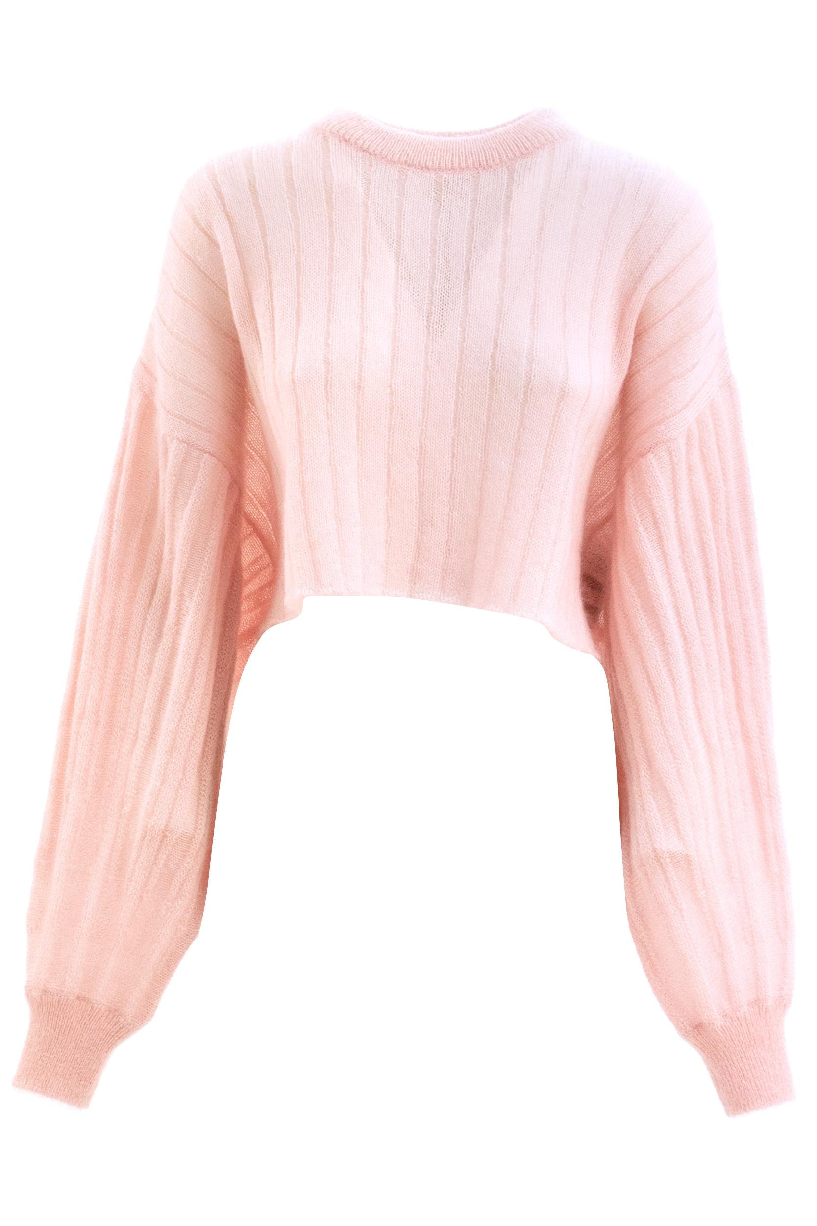 Pullover crop in mohair a coste di colore rosa<BR/> GF1KA135KJ58 4HR BALMAIN