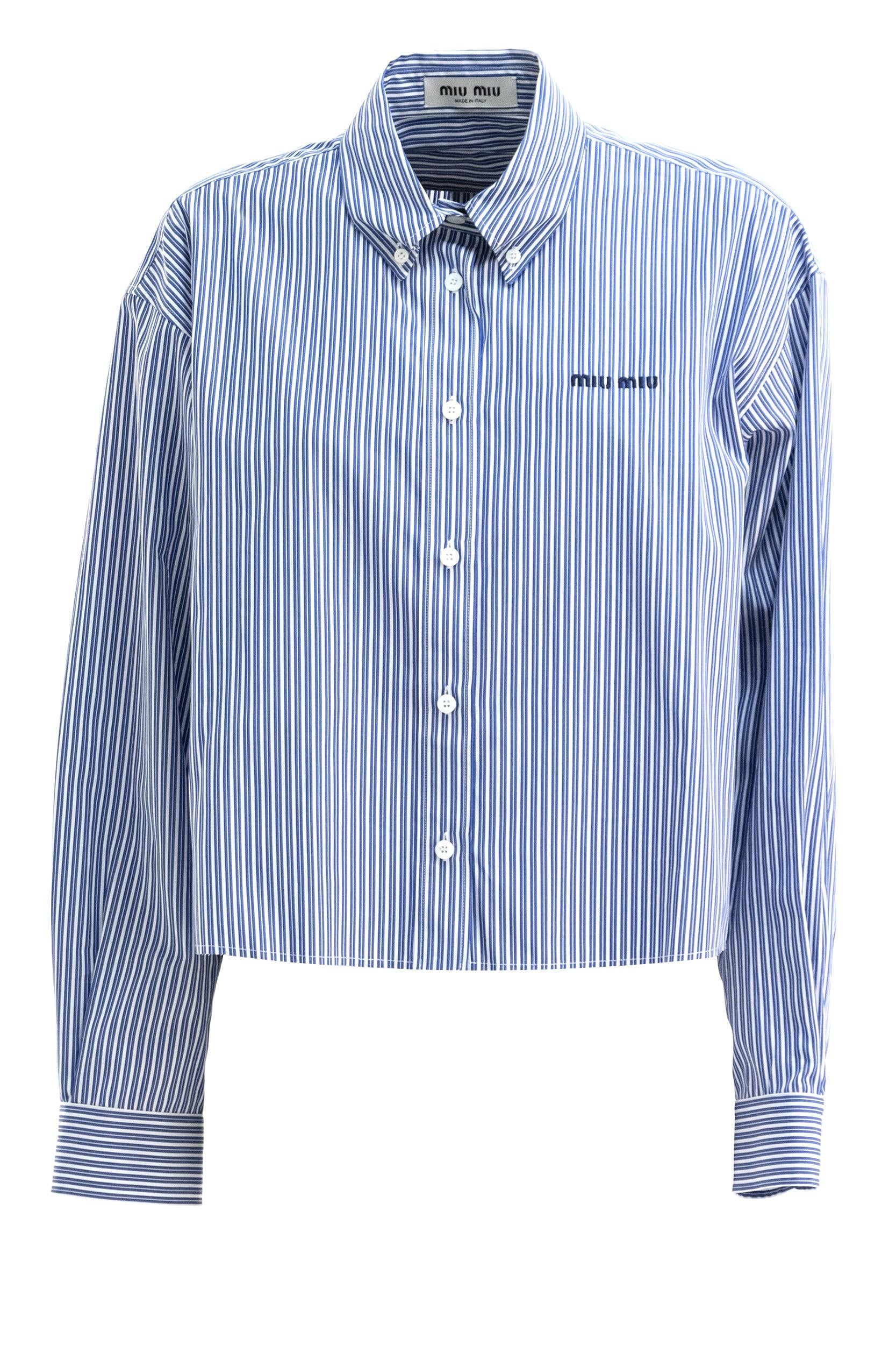 Camicia in cotone a righe di colore bianco e blu<BR/> MK2047 S OOO 195D F098Z MIU MIU