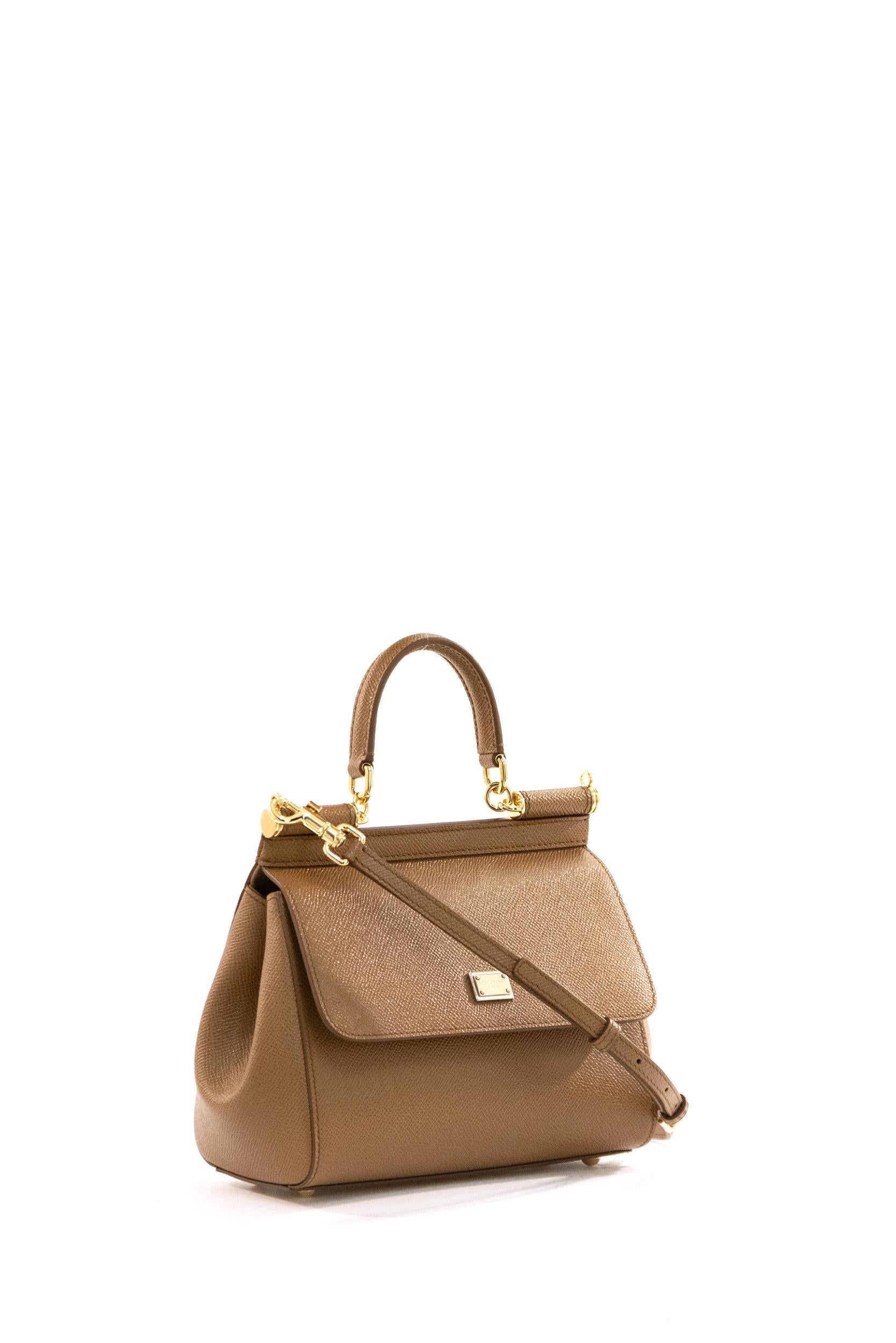 Borsa Sicily Media in pelle di vitello Dauphine di color caramello<BR/> BB6003 B1001 8M417 DOLCE & GABBANA