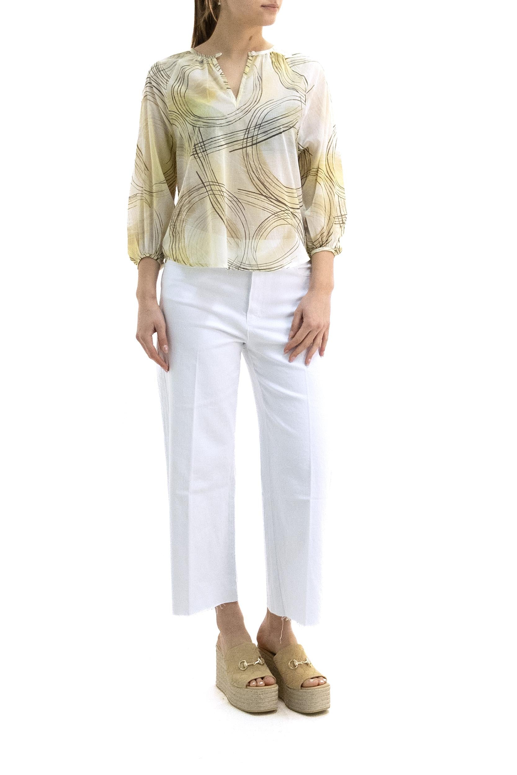 Blusa in cotone con motivo astratto di colore giallo<BR/> WH 1513 5043 WHY CI