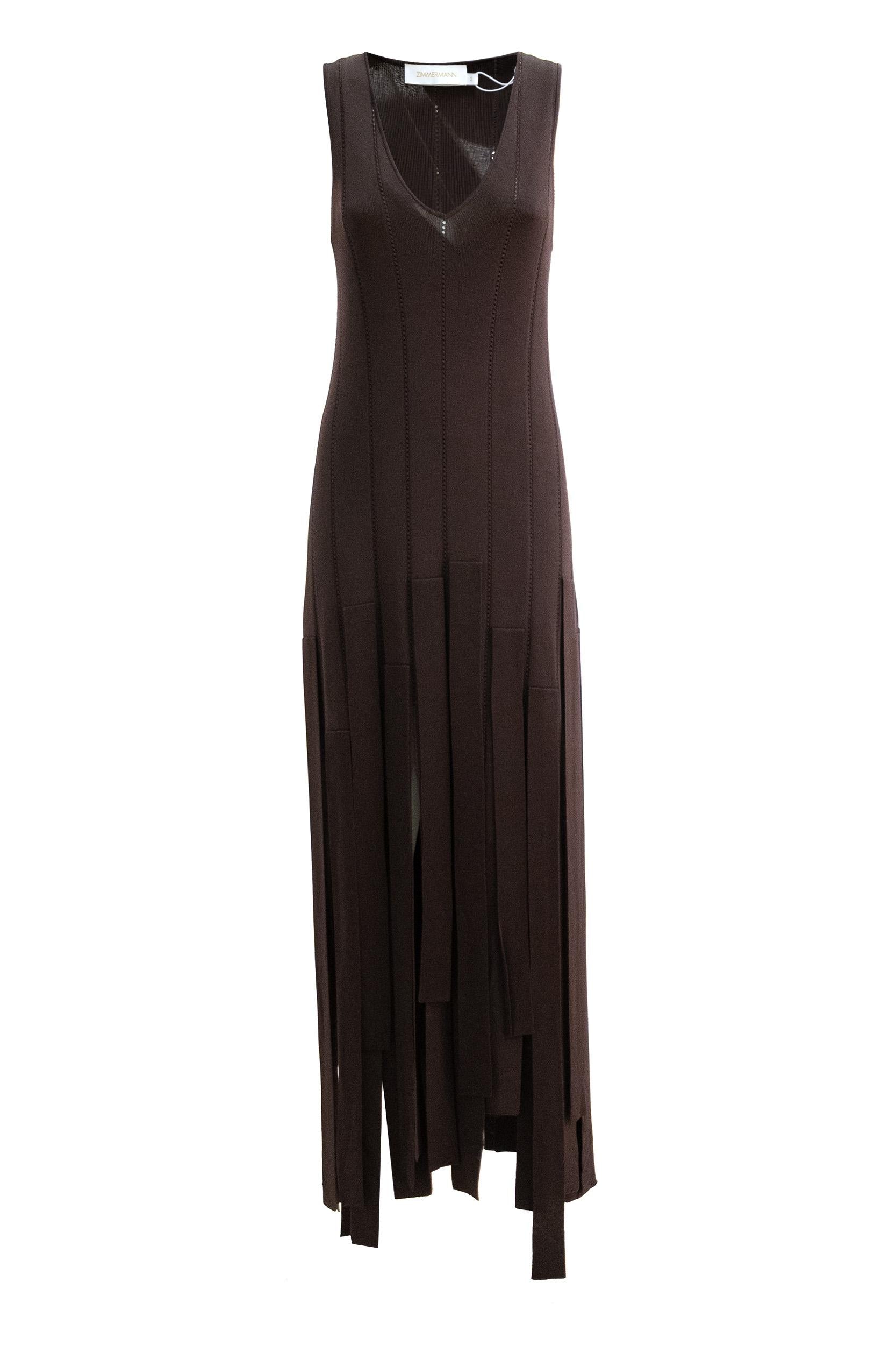 Abito midi Luna con frange di colore marrone<BR/> 7629DS261 CHOCOLATE ZIMMERMANN