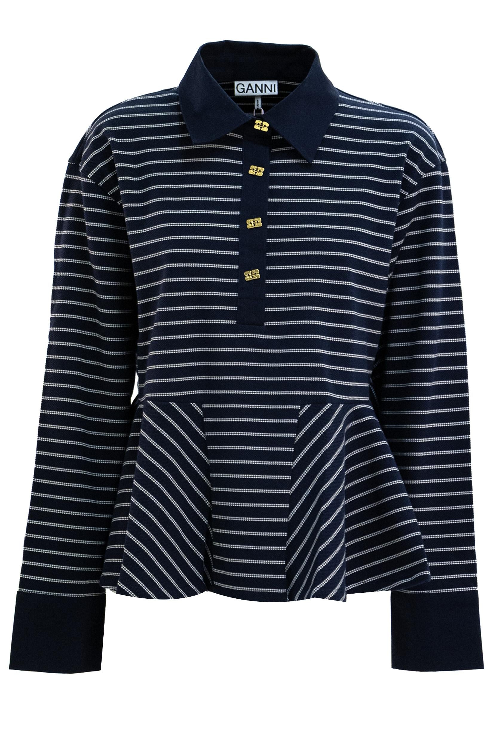 Polo in cotone a righe di colore blu e bianco<BR/> A1050063 683 GANNI