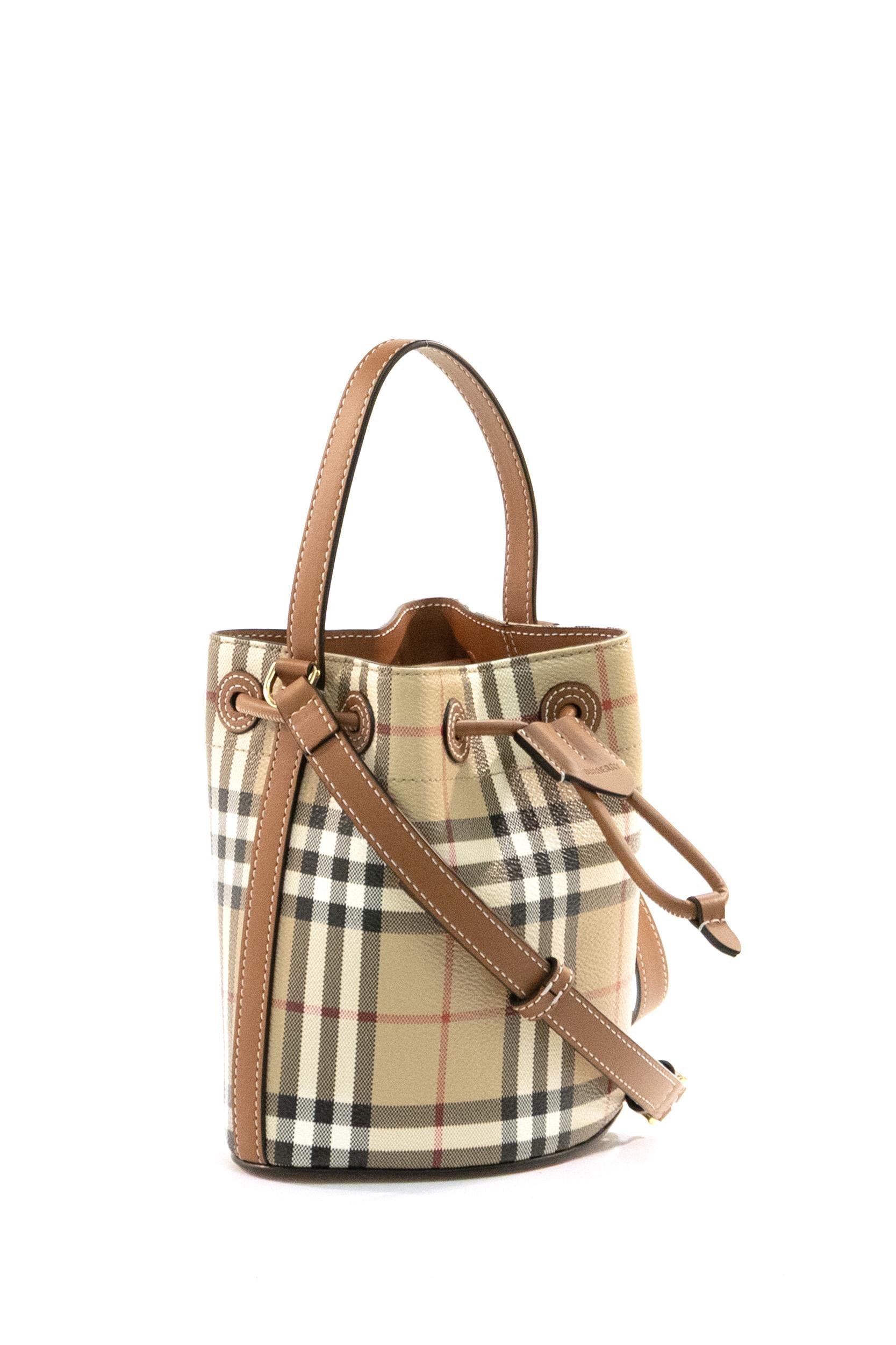 Borsa a secchiello Check in misto cotone spalmato di colore beige<BR/> 8109794 CHKBROWN BURBERRY