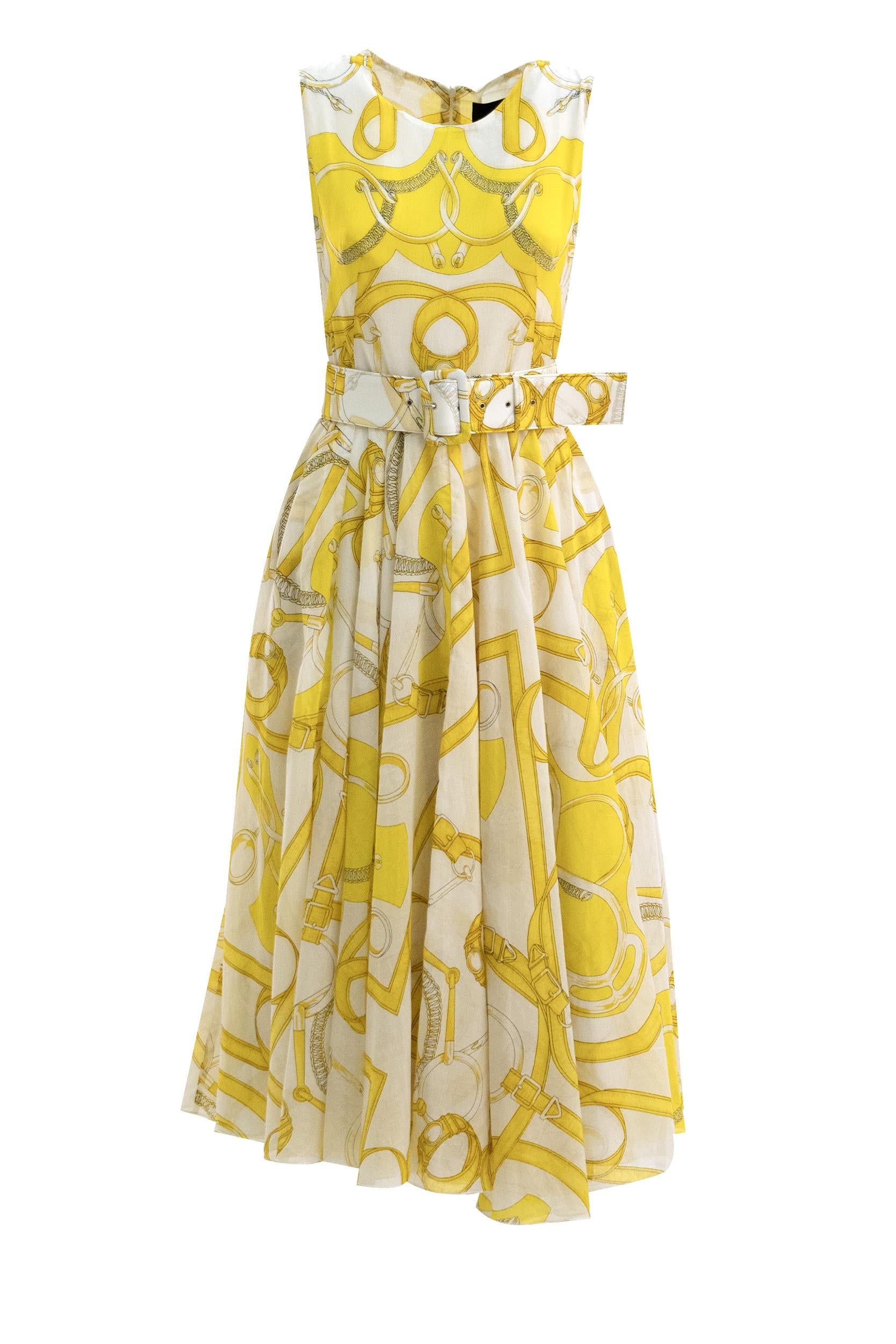 Abito Aster in mussola di cotone con stampa Horse di colore bianco e giallo<BR/> ASTER DRESS/HORSE WHITE YELLOW S-SUNG