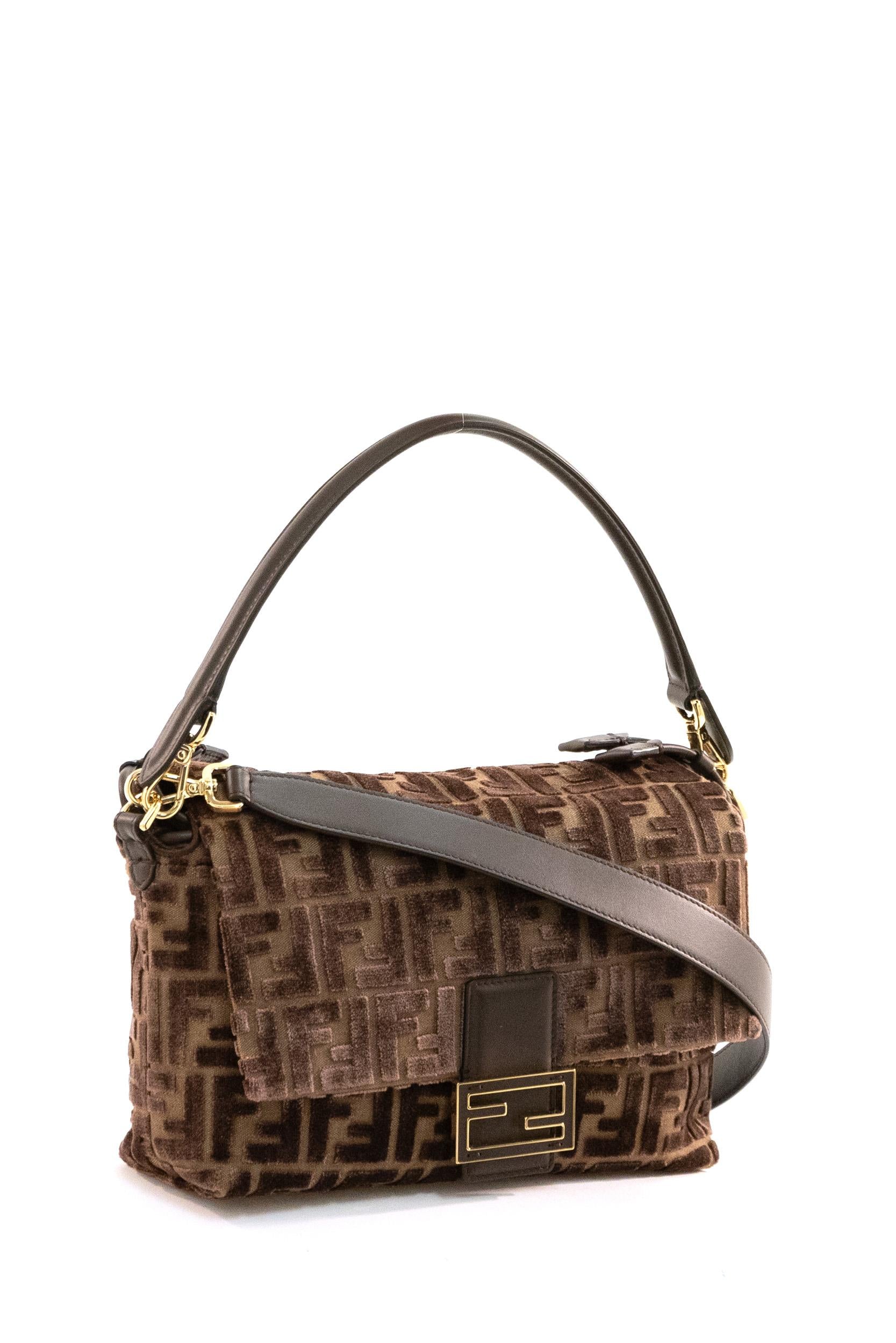 Mamma Baguette in velluto FF jacquard color beige e marrone<BR/> 8BR833 AT14 F0L1B FENDI