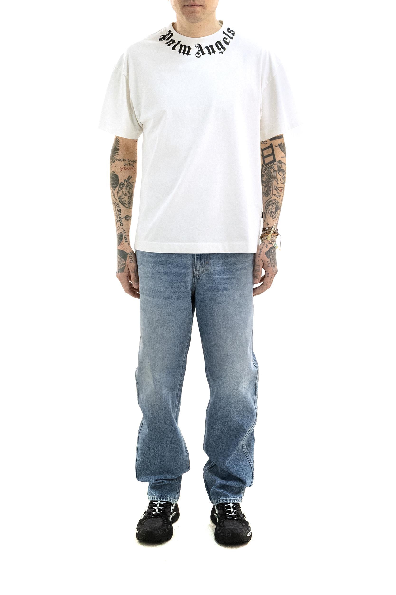 T-shirt Neck Logo in Cotone<BR/> PMAA109S26JER008 0310 PALM ANGELS