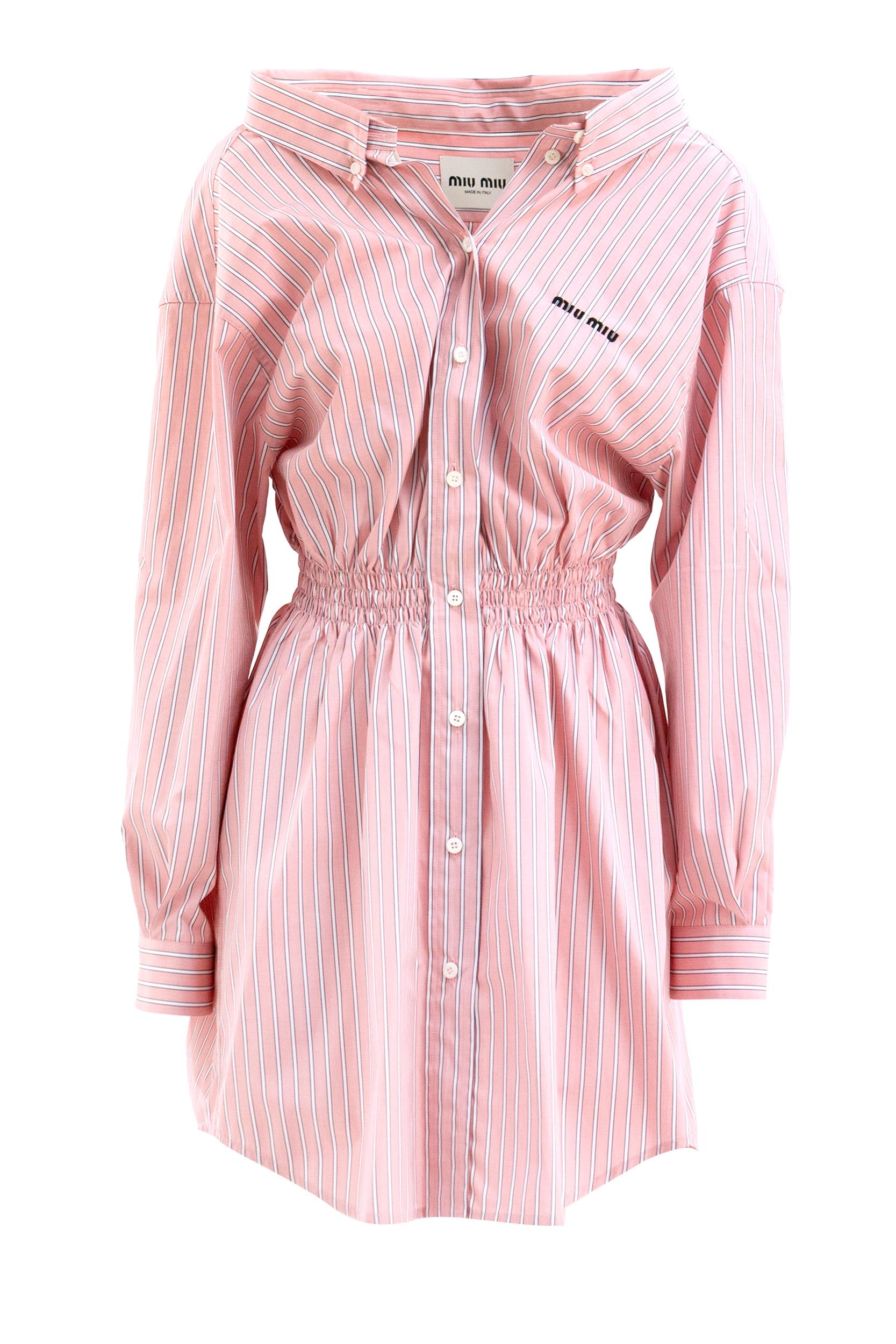 Abito chemisier in popeline a righe di colore rosa e bianco<BR/> MF6125 S OOO 180U F0028 MIU MIU