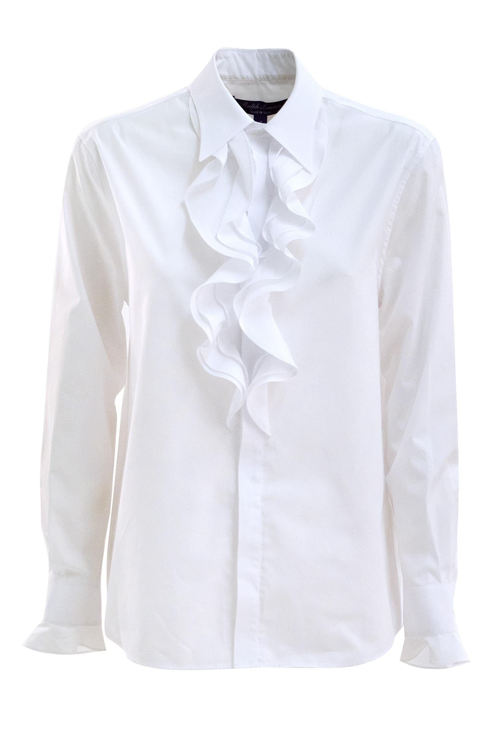 Camicia con Rouches in Cotone Bianco<BR/> 290P10018001 WHITE RALPH LAUREN
