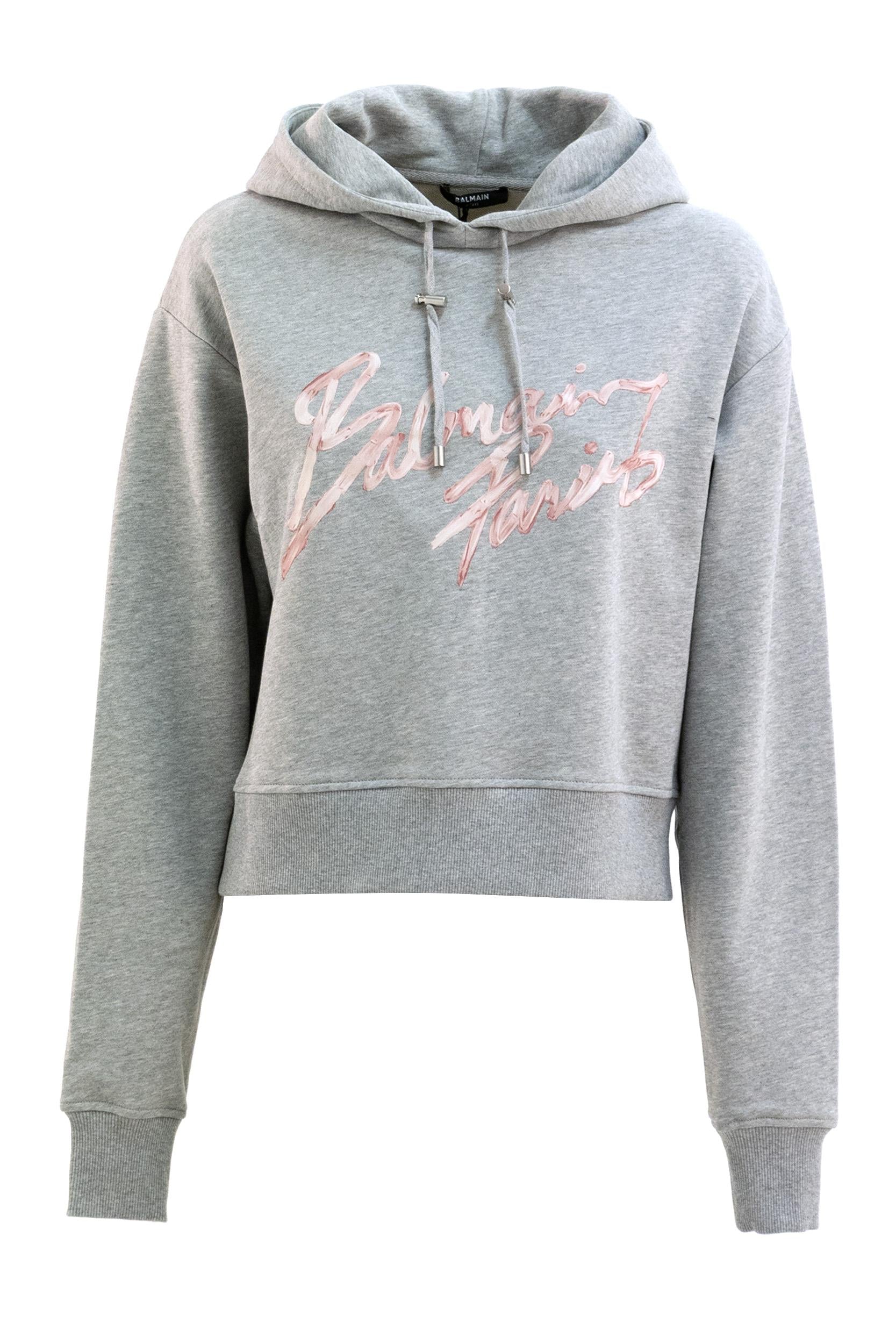 Felpa con cappuccio in cotone di colore grigio<BR/> GF1JR030BD43 YIW BALMAIN