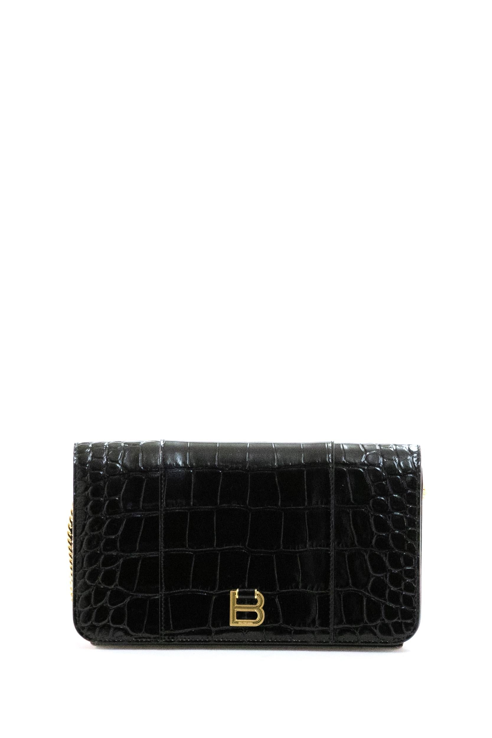 Pochette Hourglass in pelle srampa cocco di colore nero<BR/> 866126 2ABWD 1000 BALENCIAGA