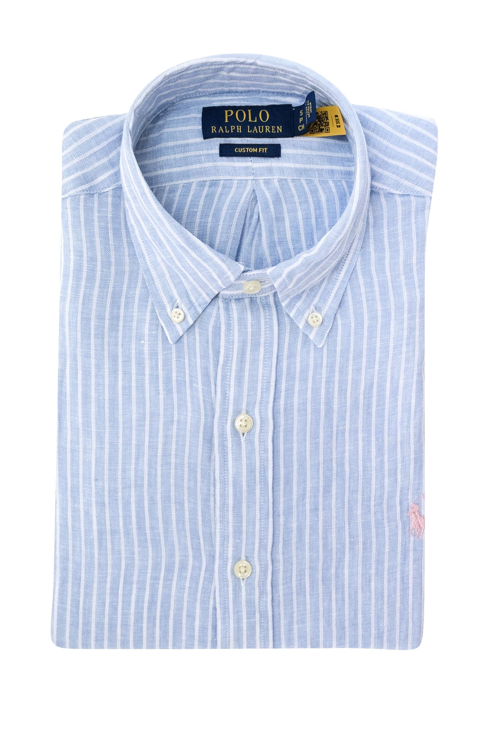 Camicia in lino a righe di colore azzurro e bianco<BR/> 710B15594005 BLUE POLO RALPH LAUREN