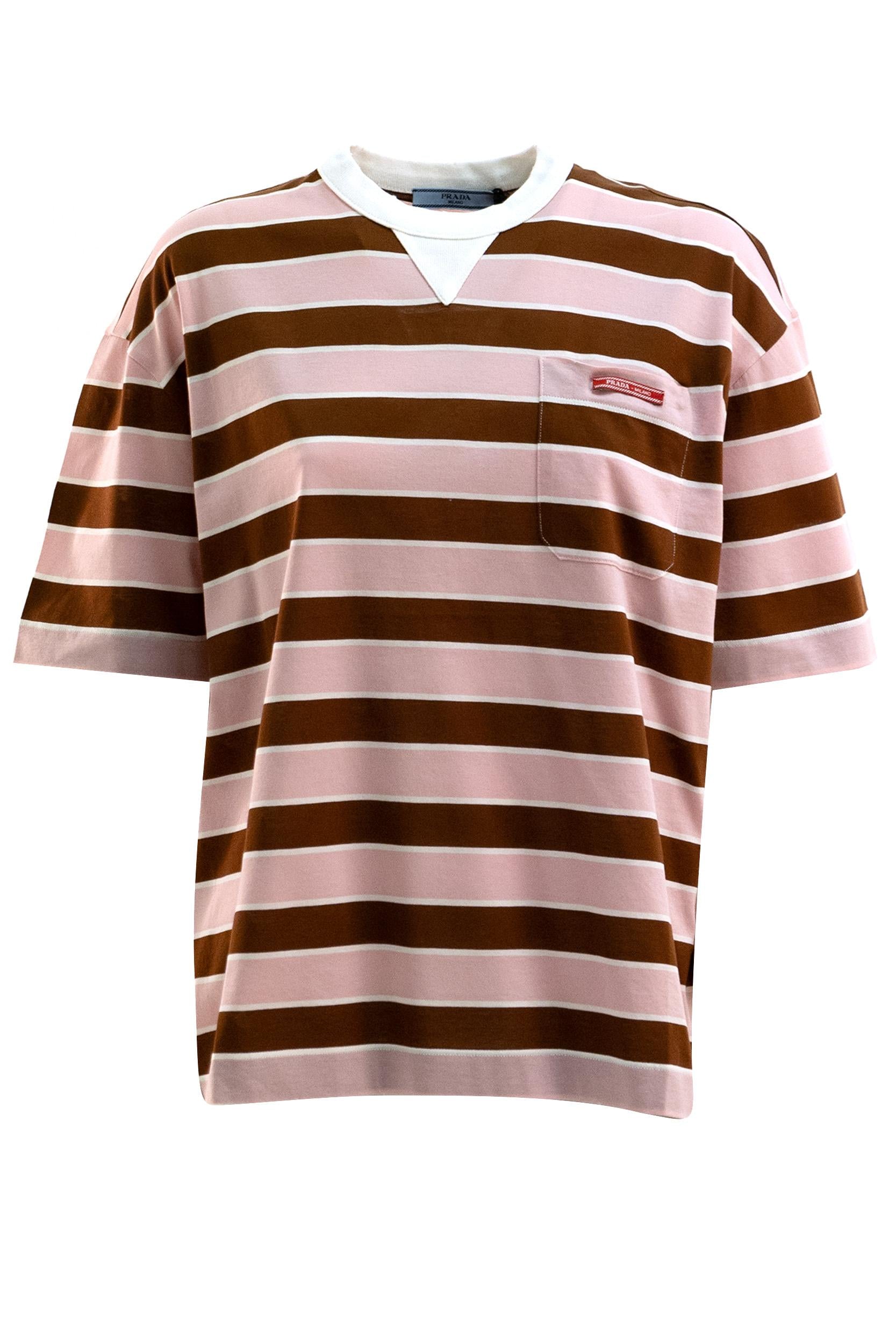 T-shirt in filo scozia a righe color rosa e marrone<BR/> 39610 S OOO 189P F05AB PRADA