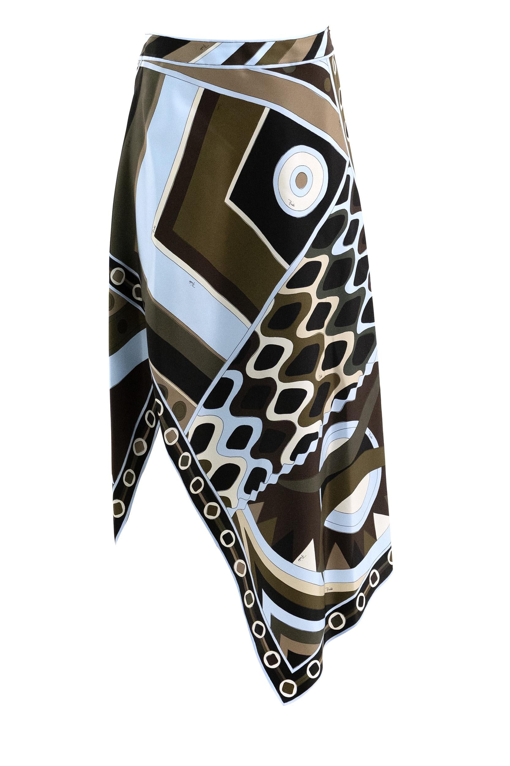 Gonna in seta con stampa Vivara color kaki e blu<BR/> 6HRW16 6H876 016 EMILIO PUCCI