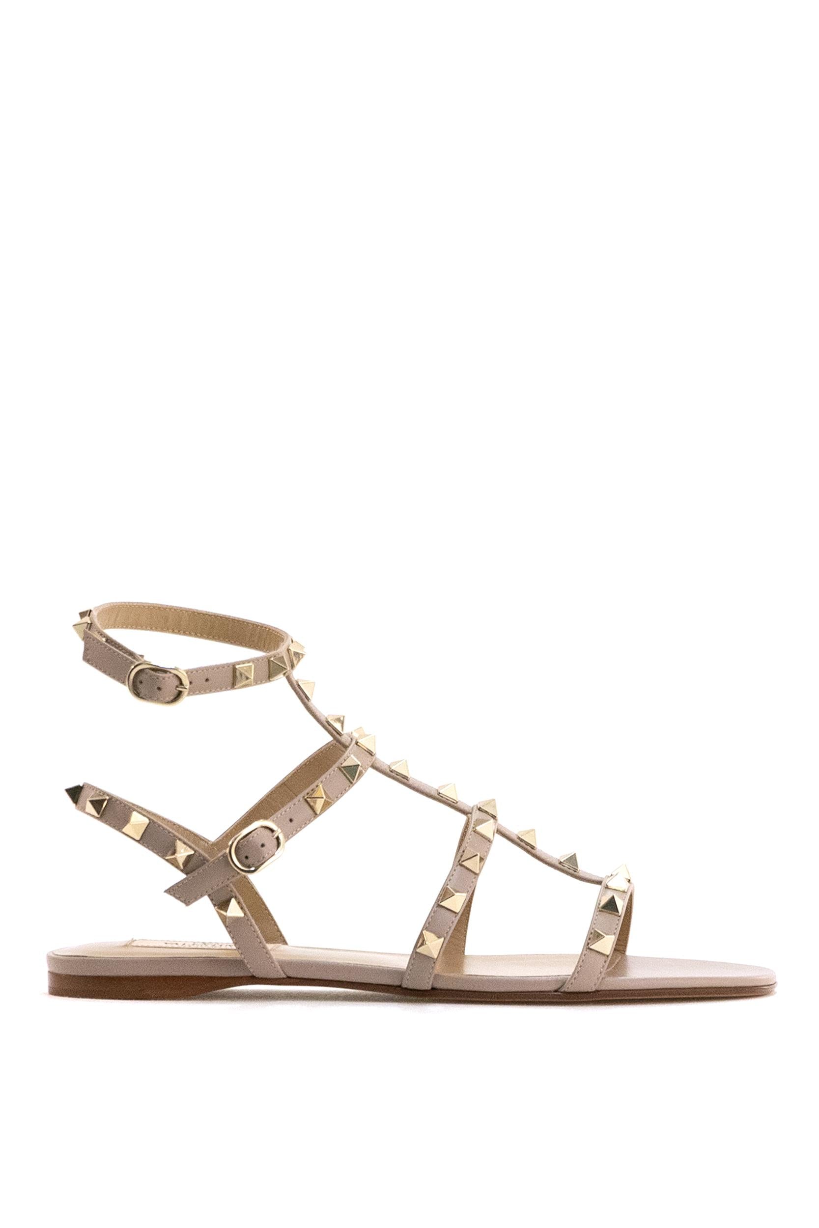 Sandali Flat Rockstud in pelle liscia color rosa cipria<BR/> 8W2S0A05VOD P45 VALENTINO GARAVANI