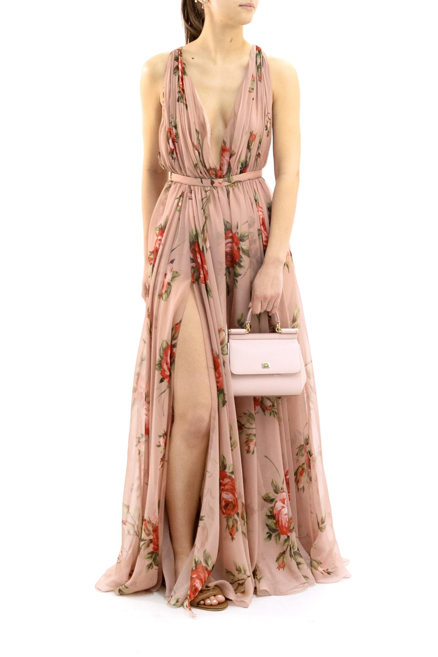 Abito in Chiffon di Seta con Stampa Bouquet Rose<BR/> F6ZA1T IS11F HF5ZN DOLCE & GABBANA