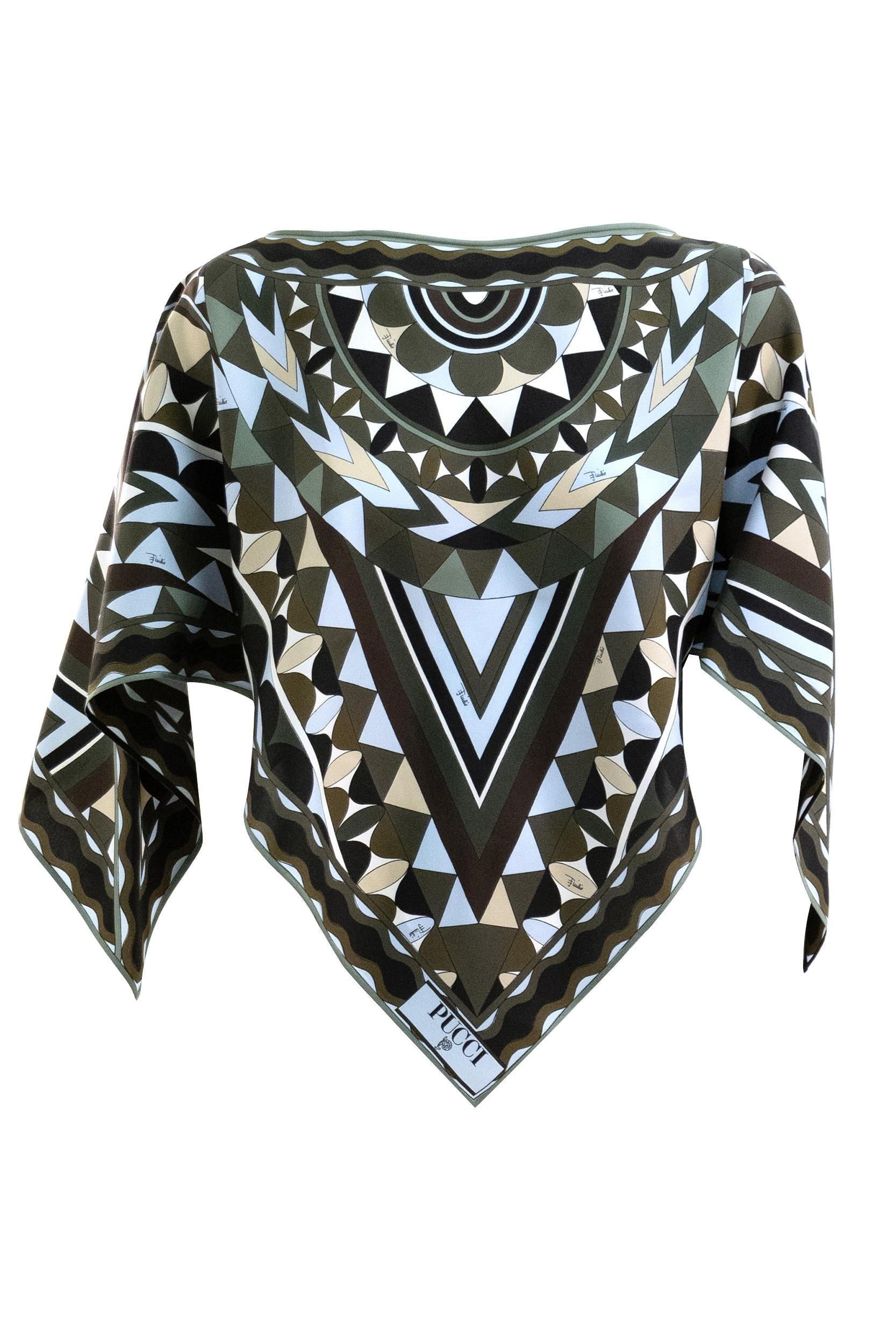 Top caftano con stampa Manuba color kaki e blu<BR/> 6HRM96 6H894 P63 EMILIO PUCCI