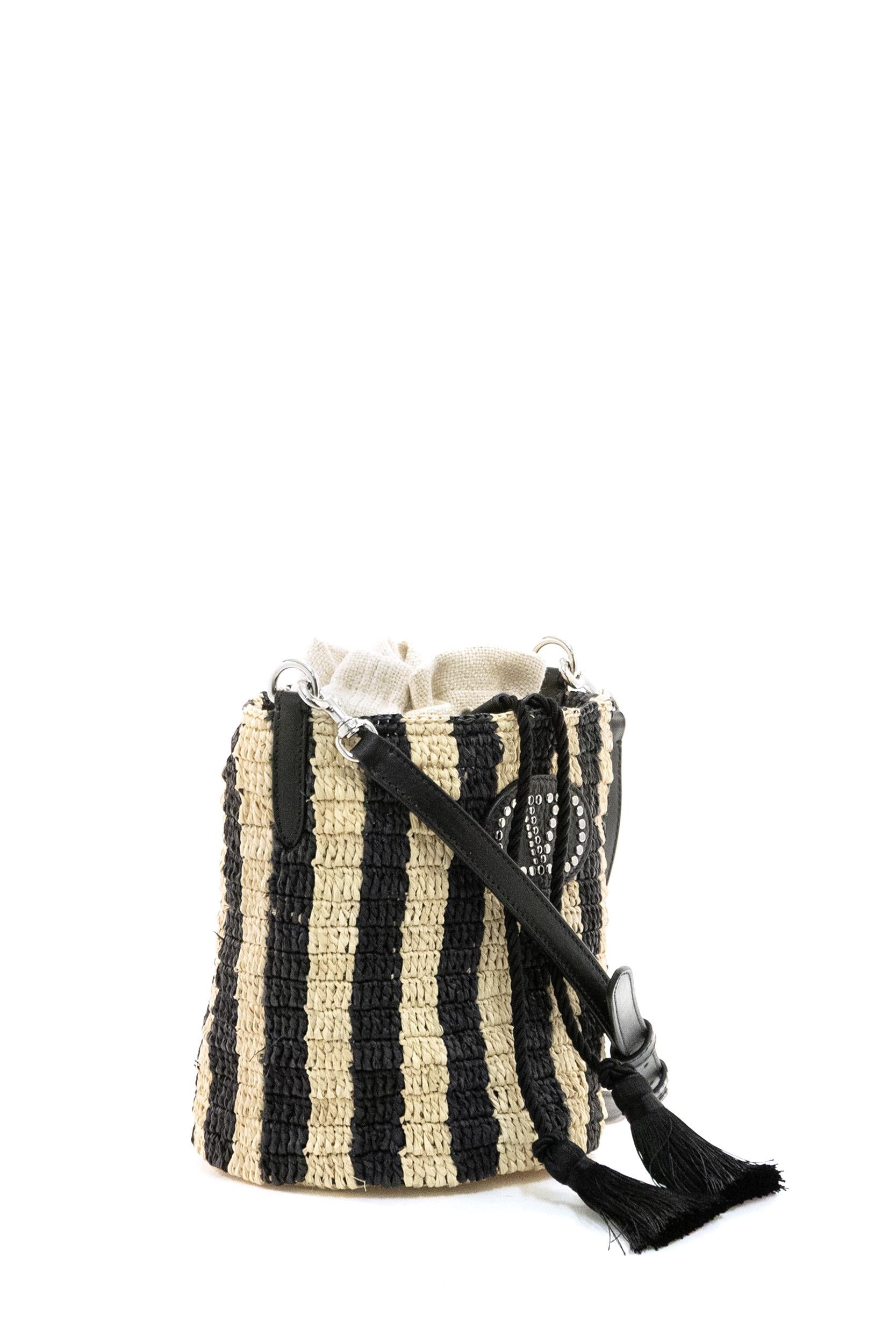 Borsa a secchiello in rafia a righe color naturale e nero<BR/> 8W2B0T03IXU C8K VALENTINO GARAVANI