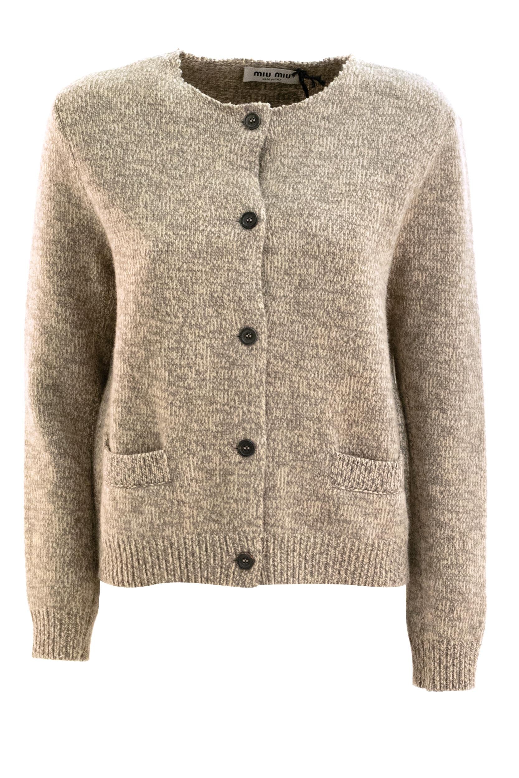 Cardigan in lana di colore beige<BR/> MMJ148 S OOO 18H1 F0065 MIU MIU