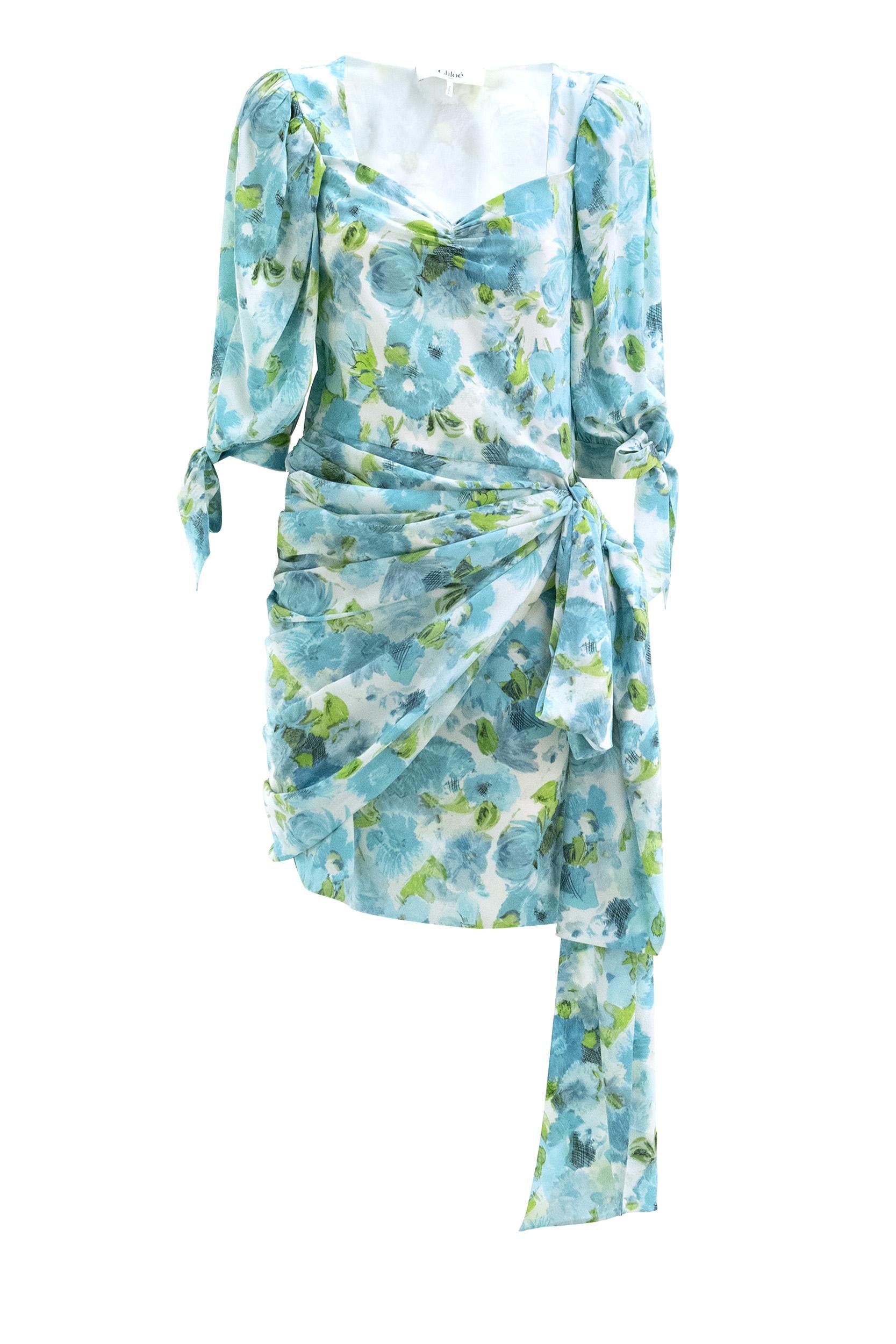 Abito in jacquard di seta con stampa fiori acquatici di colore bianco e blu<BR/> 26URO52388 91J CHLOE'