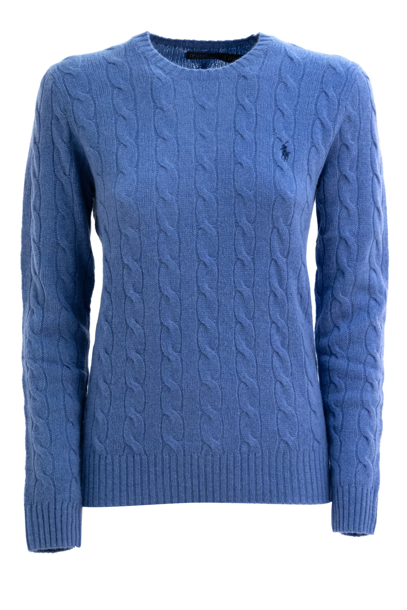 Pullover a trecce in lana e cashmere di colore azzurro<BR/> 211971865503 BLUE POLO RALPH LAUREN