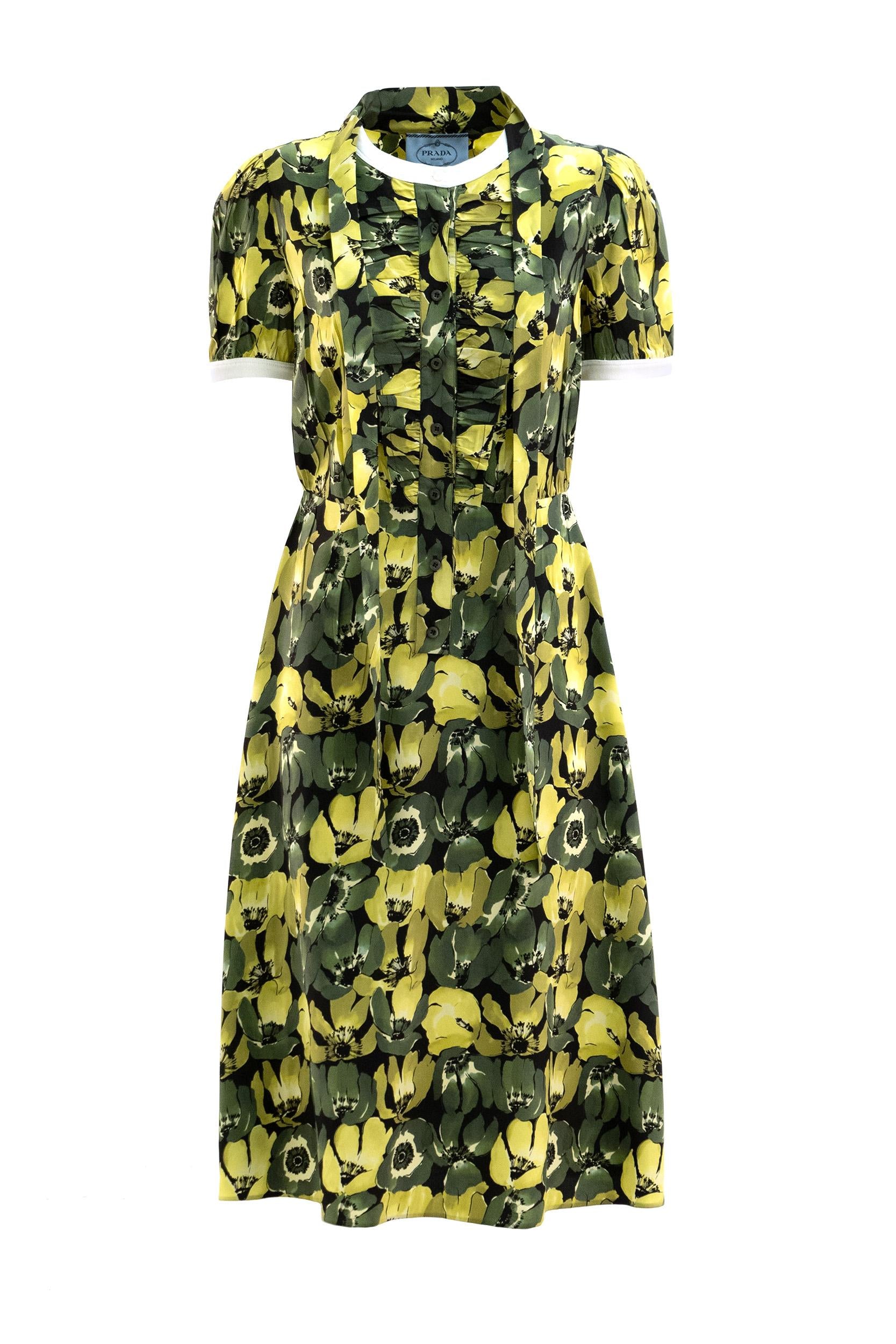 Abito in seta con stampa floreale di colore verde<BR/> P3R40 S OOO 1VSI F0161 PRADA