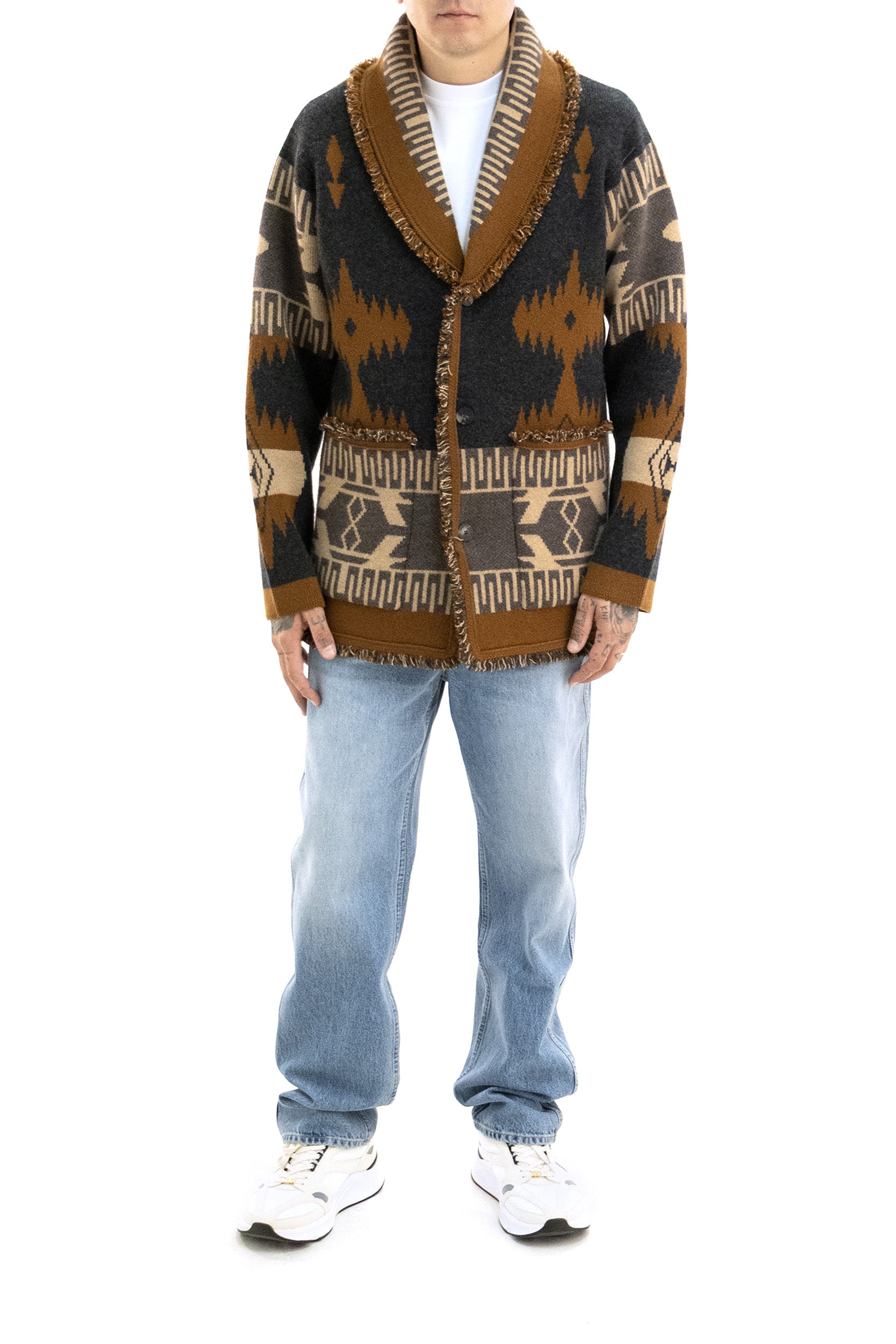 Cardigan Icon in jacquard di cashmere di colore grigio e tabacco <BR/> LMHB038E26KNI001 0764 ALANUI 