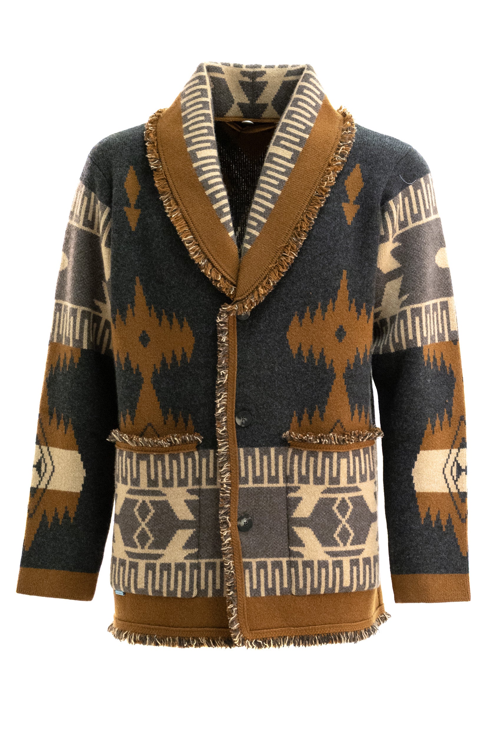 Cardigan Icon in jacquard di cashmere di colore grigio e tabacco <BR/> LMHB038E26KNI001 0764 ALANUI 