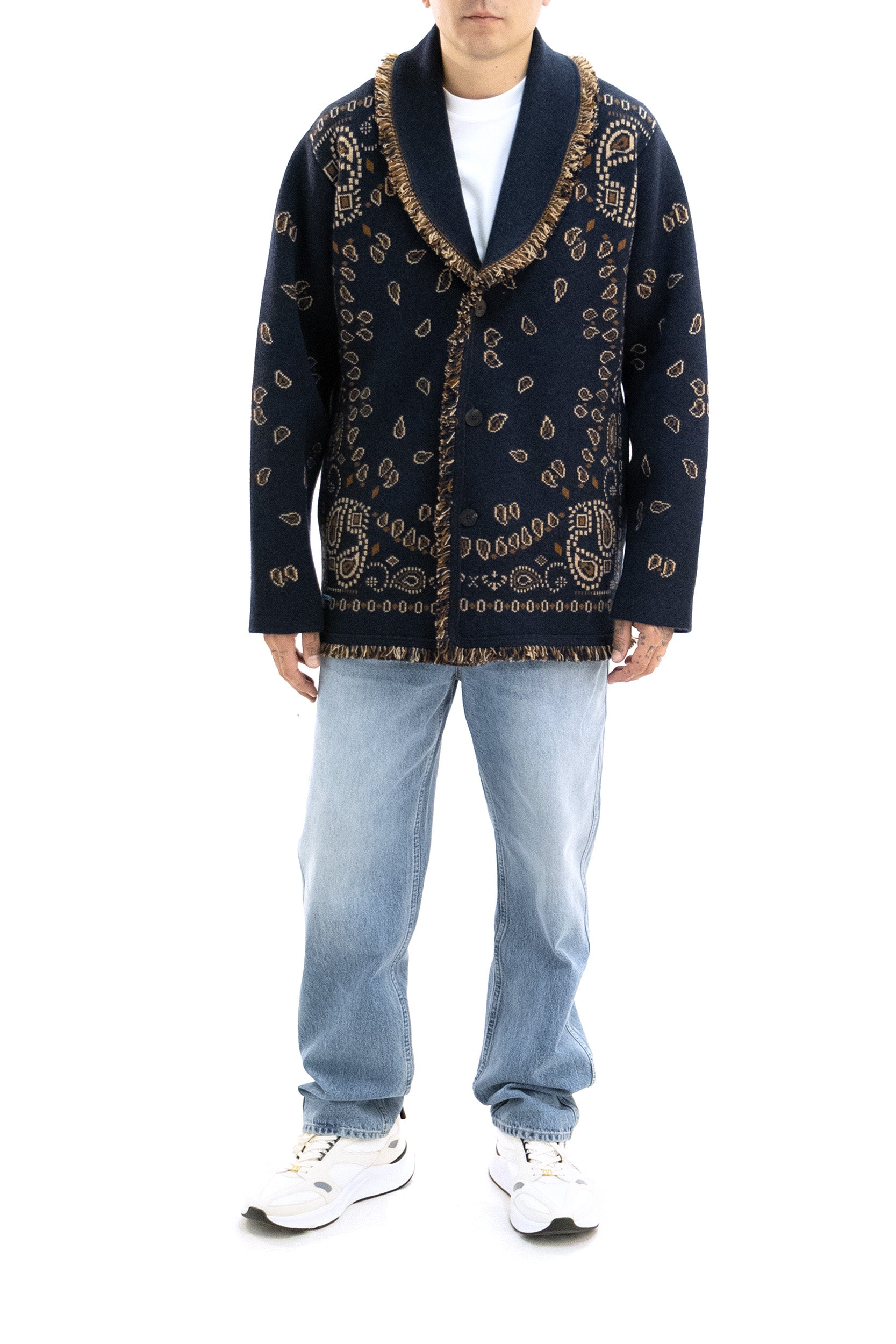 Cardigan Bandana in jacquard di cashmere di colore blu e marrone<BR/> LMHB039E26KNI001 4684 ALANUI 