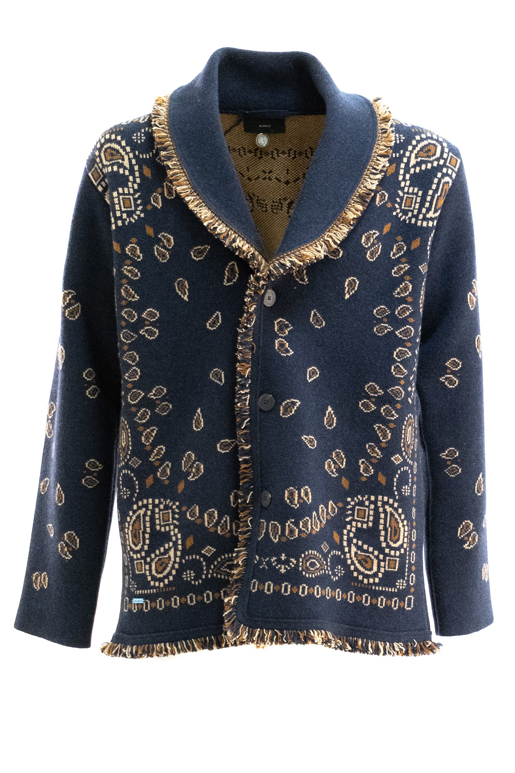 Cardigan Bandana in jacquard di cashmere di colore blu e marrone<BR/> LMHB039E26KNI001 4684 ALANUI 