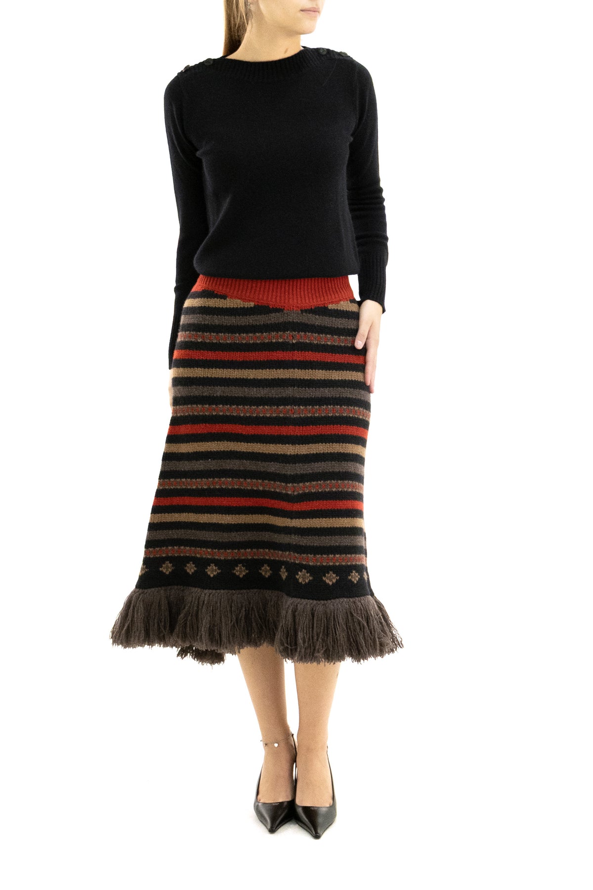 ALANUI Gonna Sweet Winter in lana jacquard di colore rosso e marrone, Nero/marrone, vista 2