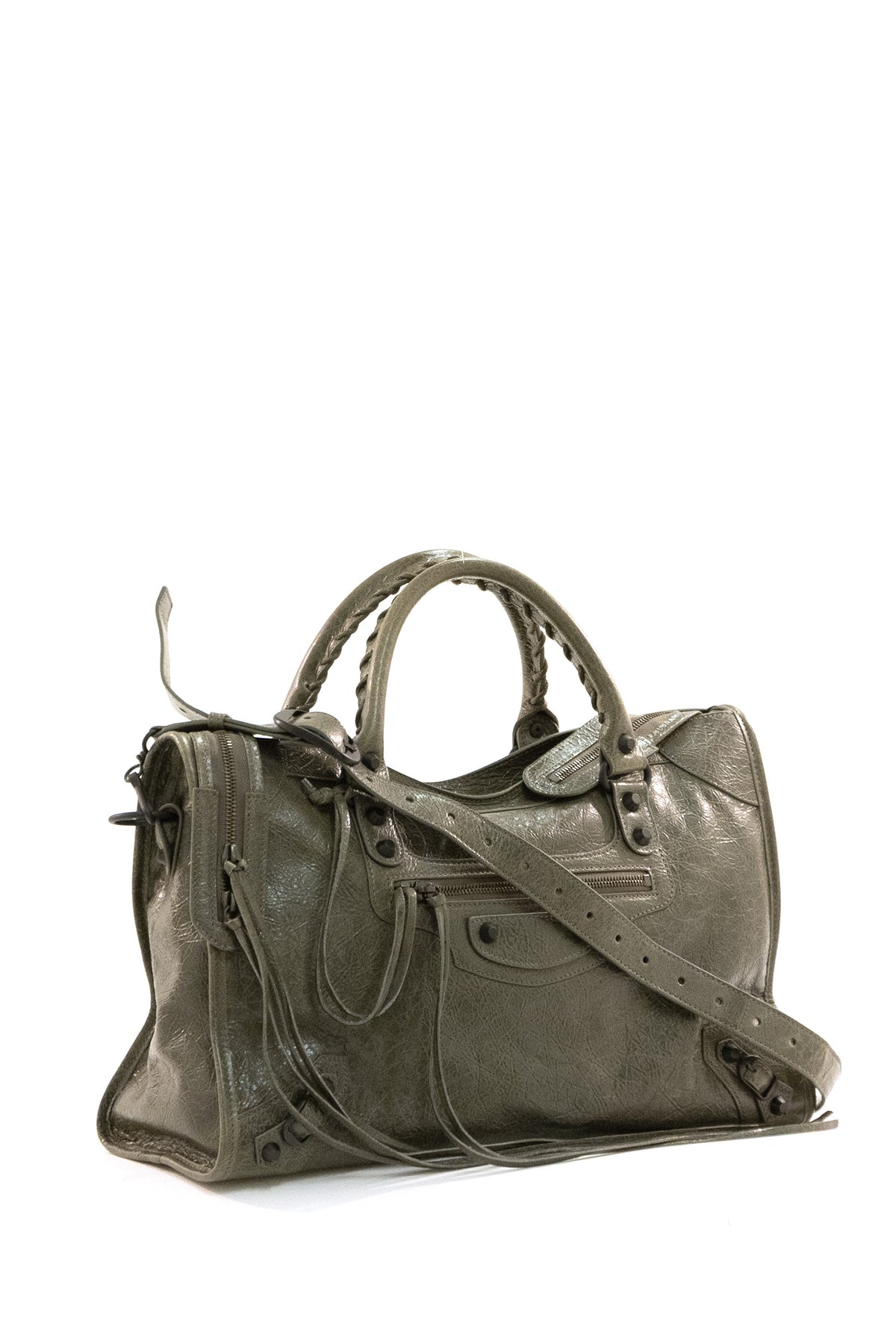 BALENCIAGA Borsa Le City Media in pelle Arena di colore verde, vista 2