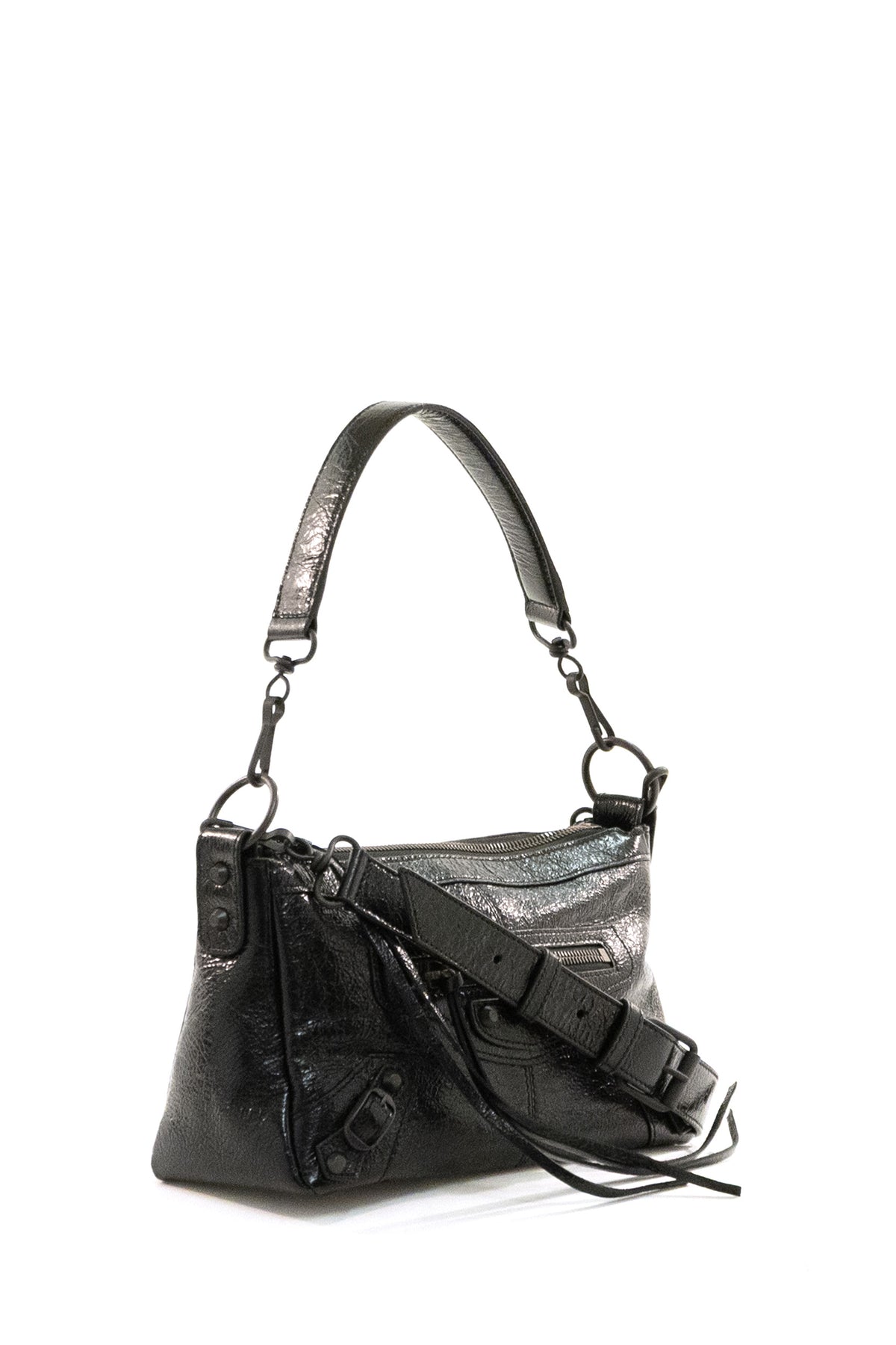 BALENCIAGA Borsa Le City Moto Mini in pelle Arena di colore nero, vista 2