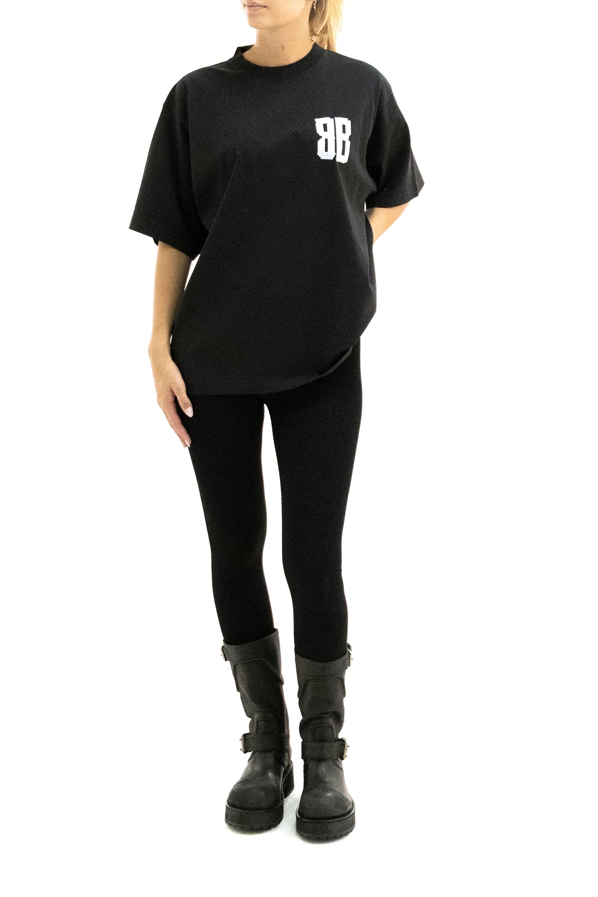 BALENCIAGA T-Shirt Glitter Tape Type in jersey di colore nero, vista 2