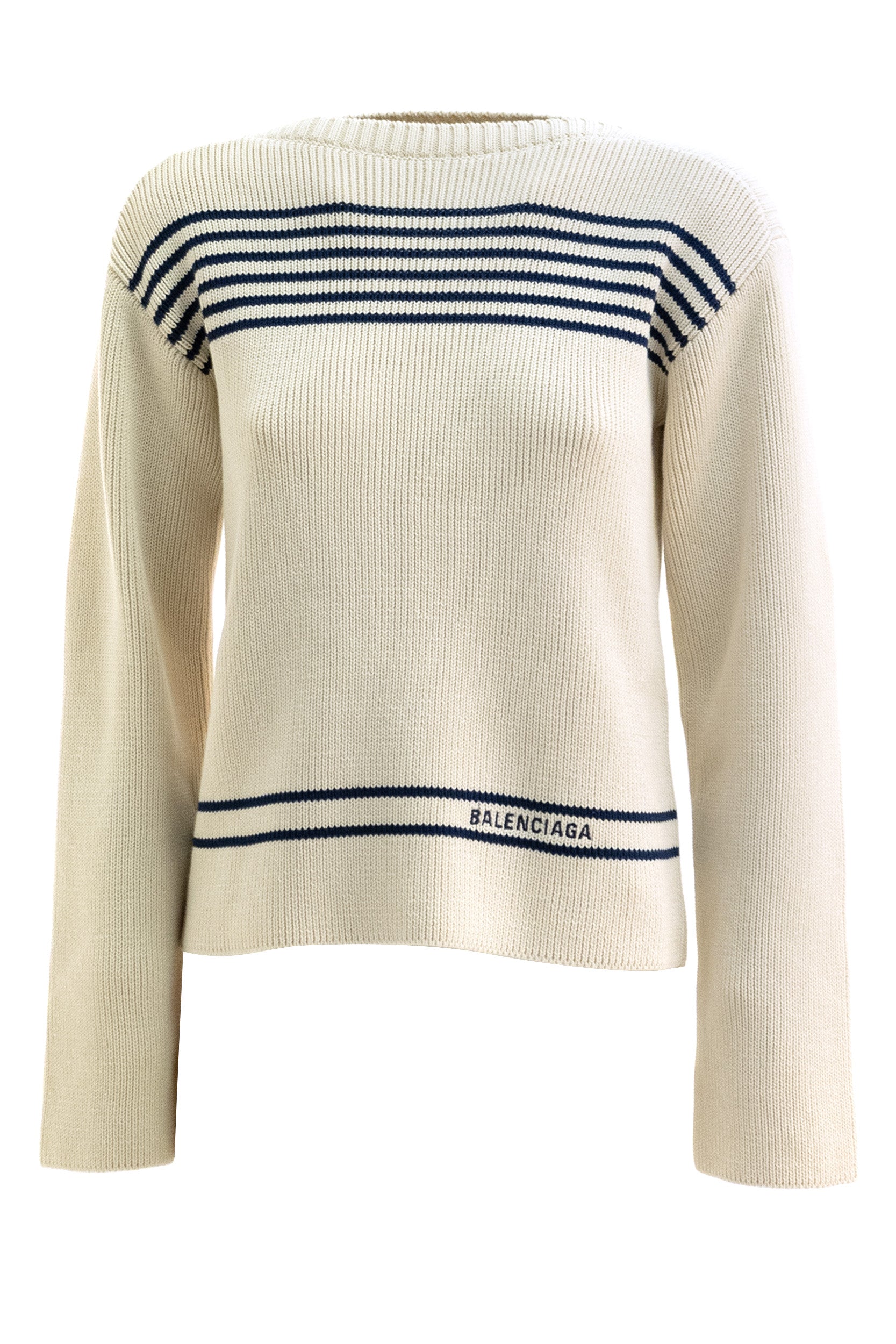 Pullover in cotone a coste di colore bianco e blu<BR/> 876806 T3461 4282 BALENCIAGA 