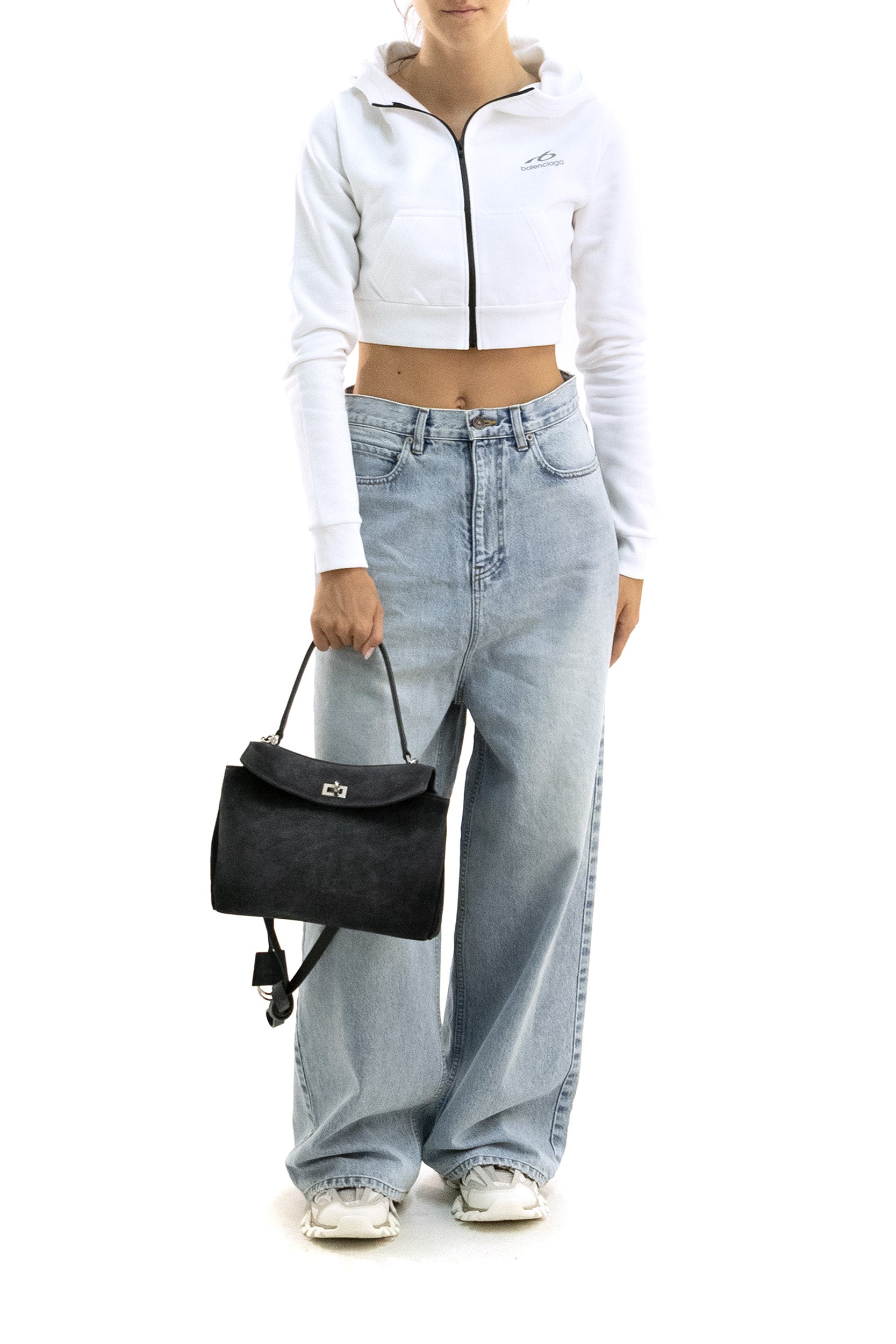 Felpa con cappuccio crop in pile dry di colore bianco<BR/> A0024R TUVQ5 9000 BALENCIAGA 