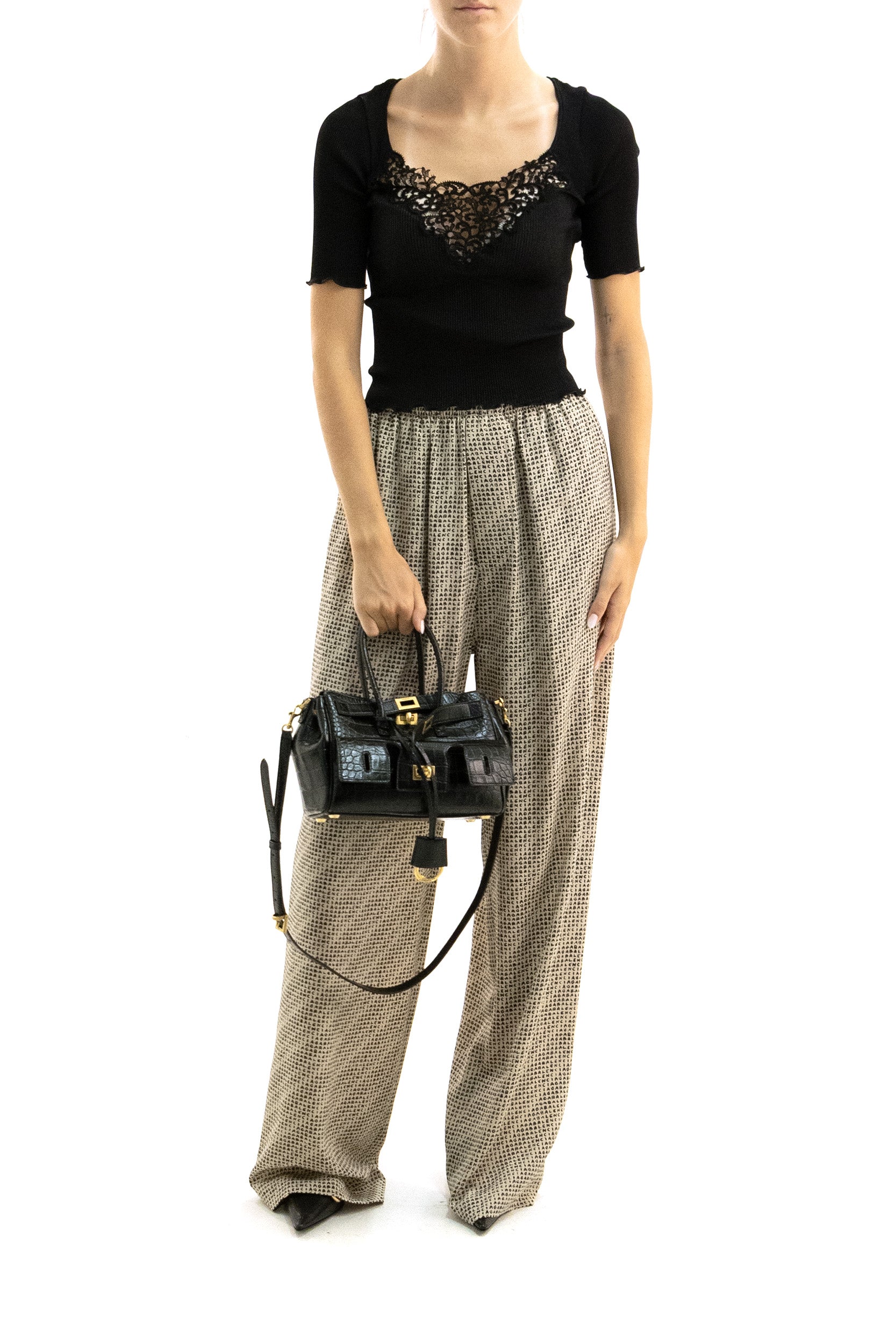 Pantaloni Monogram in crêpe di seta di colore beige e nero<BR/> A002AB TUL72 9364 BALENCIAGA 