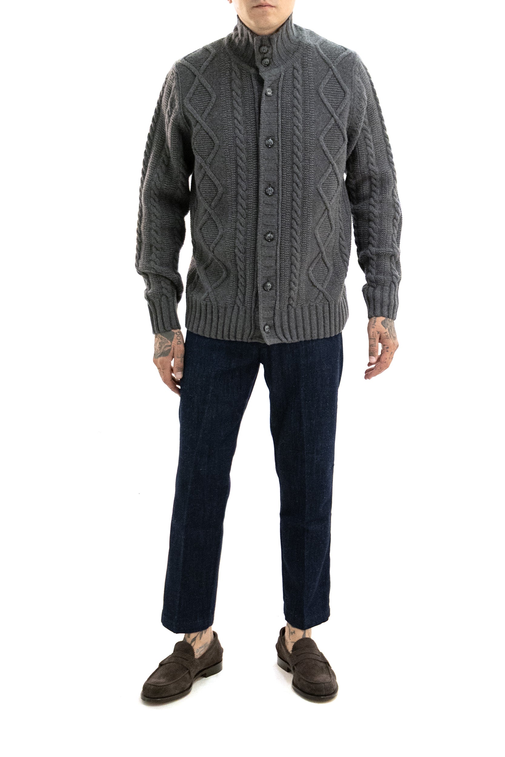 Cardigan in lana e cashmere a trecce di colore grigio<BR/> BR14-5420 9012 BARBA 