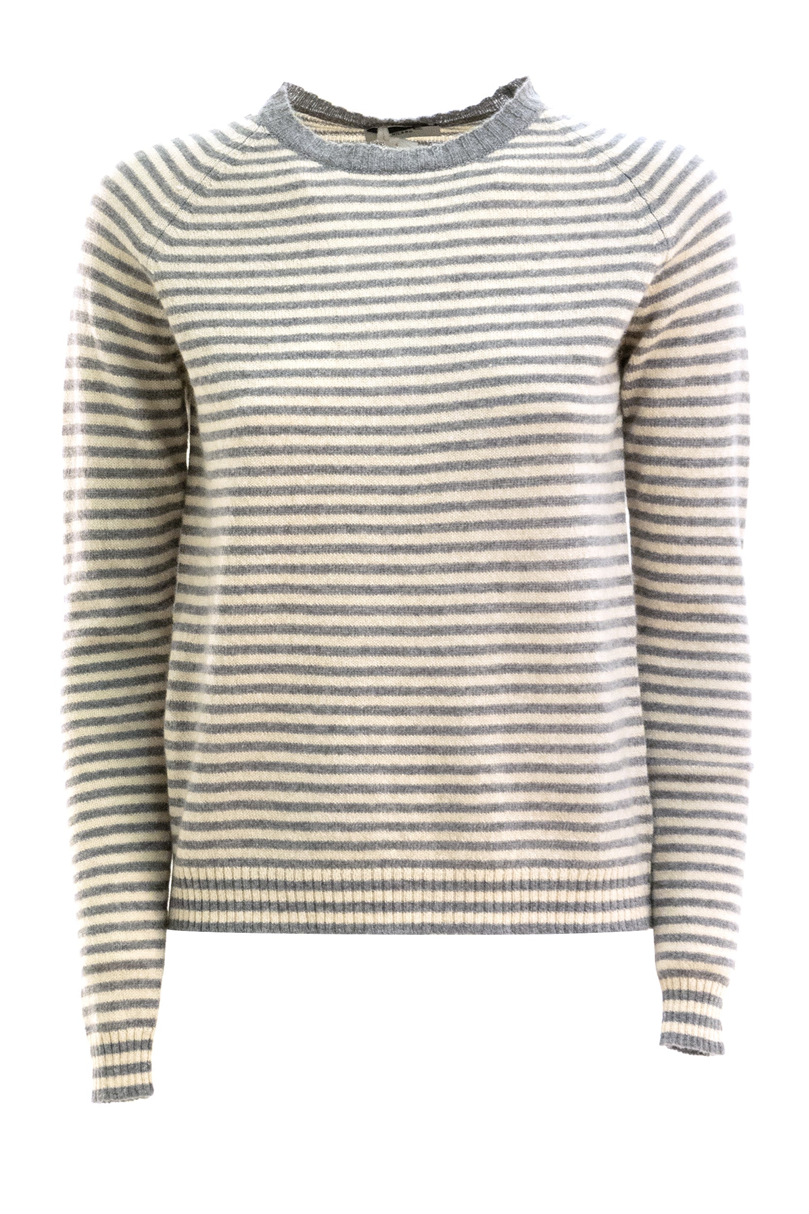 Pullover in lana e cashmere a righe di colore beige e grigio<BR/> B8580 1732 634 BASE 