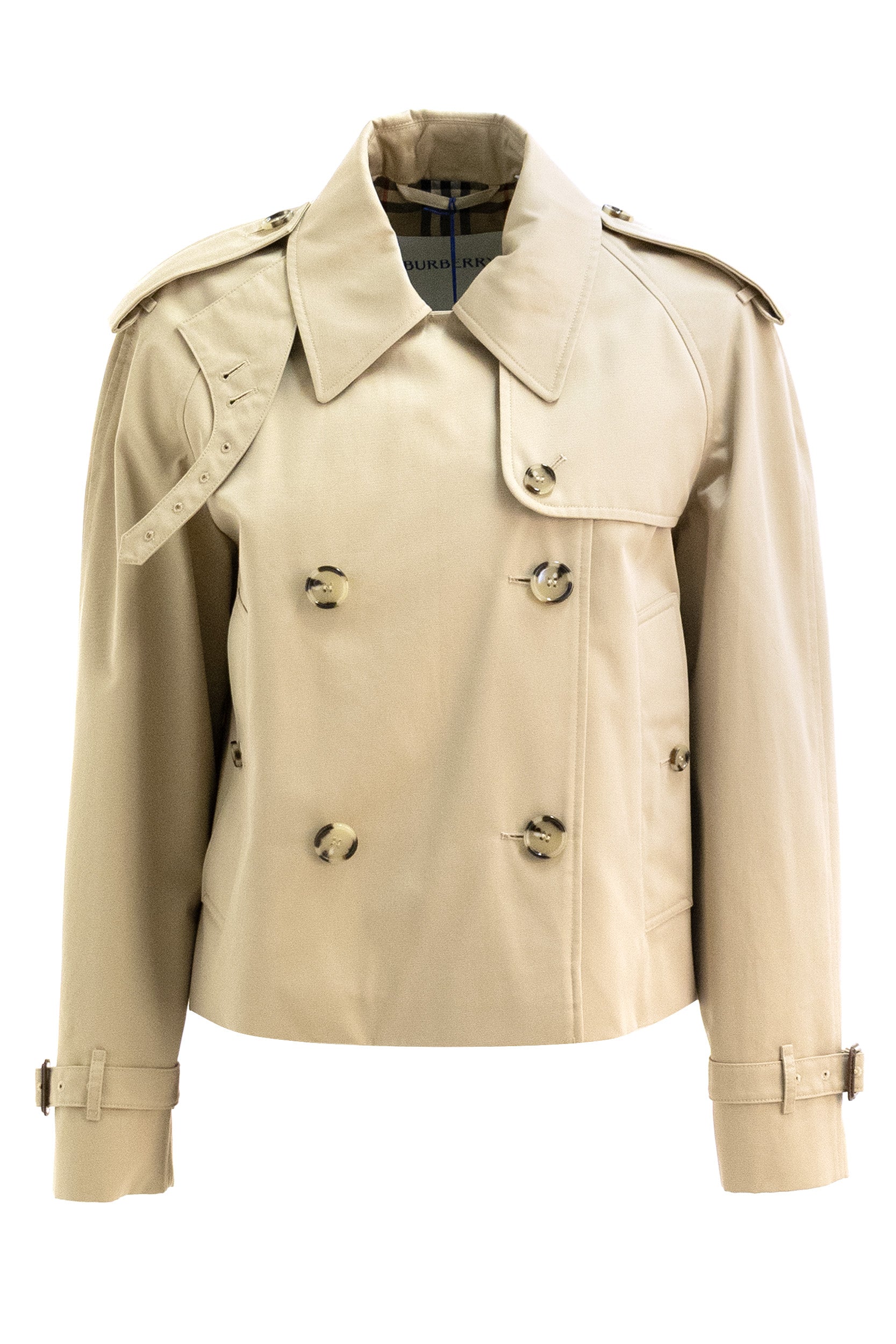 Giacca trench Mayfair cropped in gabardine di colore beige<BR/><BR/> 8126499 HONEY BURBERRY 