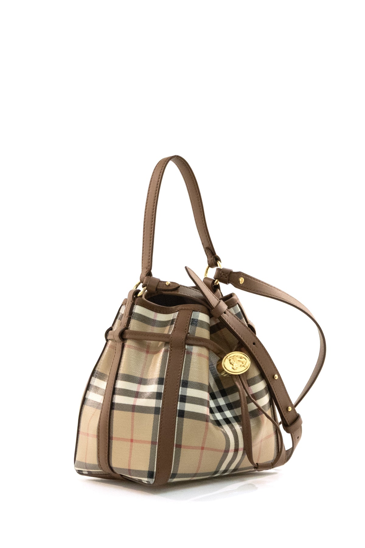 BURBERRY Borsa secchiello Check mini di colore beige, vista 2