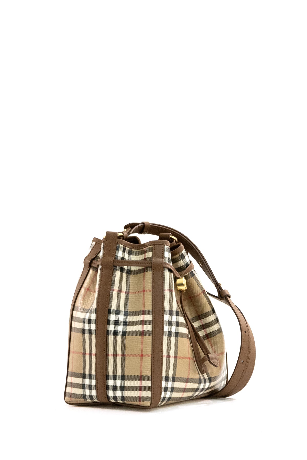 BURBERRY Borsa secchiello Check piccola di colore beige, vista 2