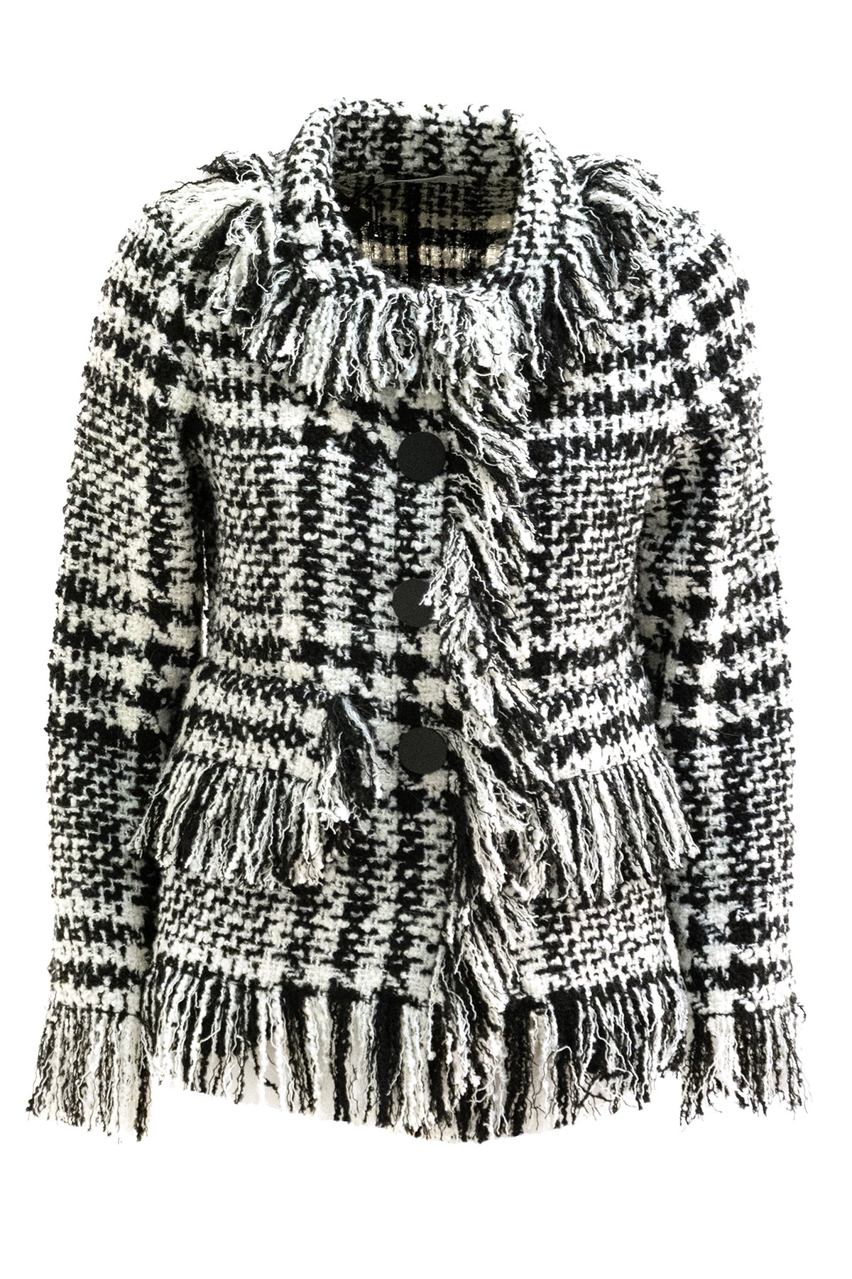 CHARLOTT Giacca con frange in tartan nero e bianco, Bianco/nero