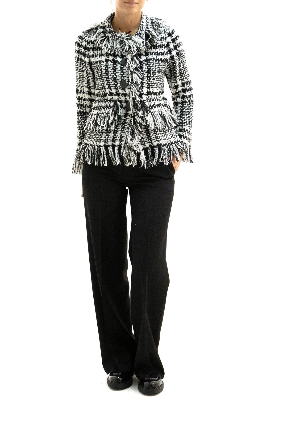 CHARLOTT Giacca con frange in tartan nero e bianco, Bianco/nero, vista 2